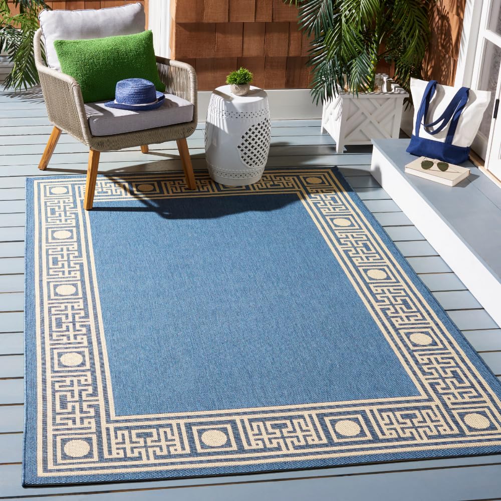 SAFAVIEH Washable Rug Outdoor Courtyard Collection - 6'7" x 9'6", Blue & Beige, Non-Shedding & Easy Cleaning, Ideal for Patio, Backyard, Mudroom (