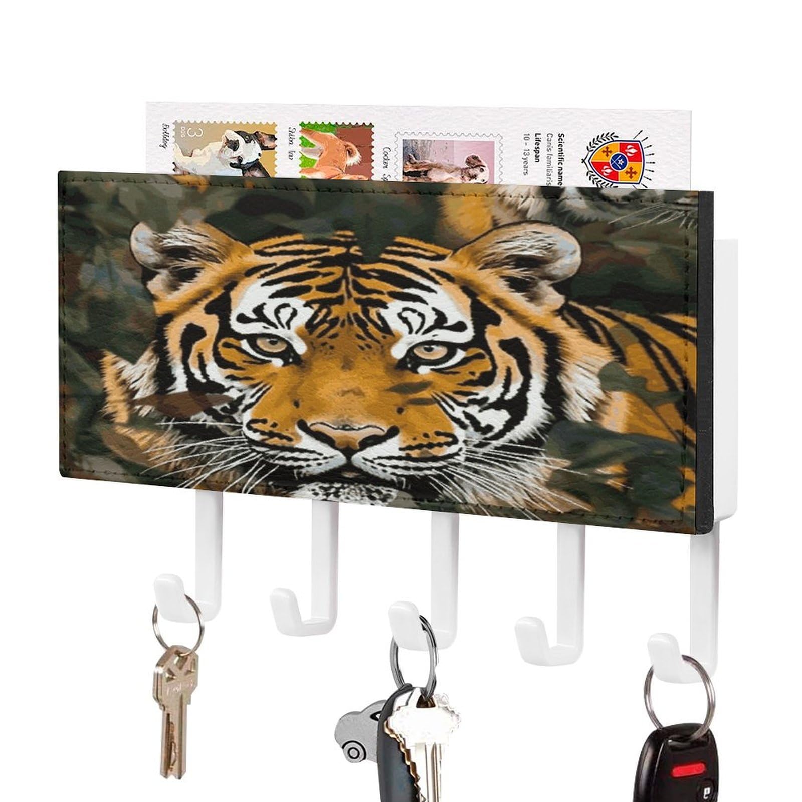 Fekiloot White-Style Camouflage Tiger Key Holder Wall Mount Key And Mail Holder Key Hanger With 5 Hooks Decorative Pu Key Rack Hanging Key Hooks For Wall Living Room Kitchen Bathroom Hallway