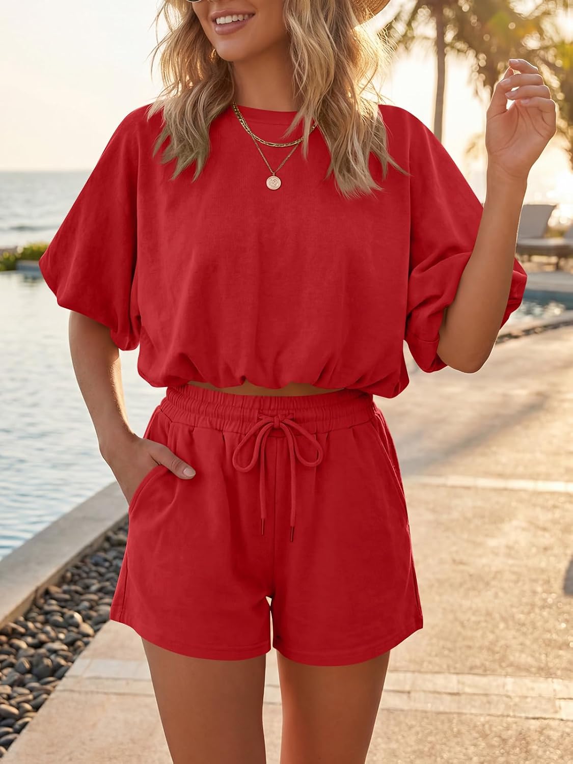 Cicy Bell Womens Summer 2 Piece Short Sets Puff Sleeve Cropped Tops and Shorts Casual Loose Outfits Comfy Lounge Sets