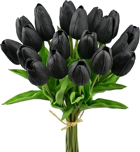 Mandy's - 20 flores negras artificiales de tulipán de seda falsas de 13.5 pulgadas para Año Nuevo, primavera, Día de la Madre, Pascua, Día de San
