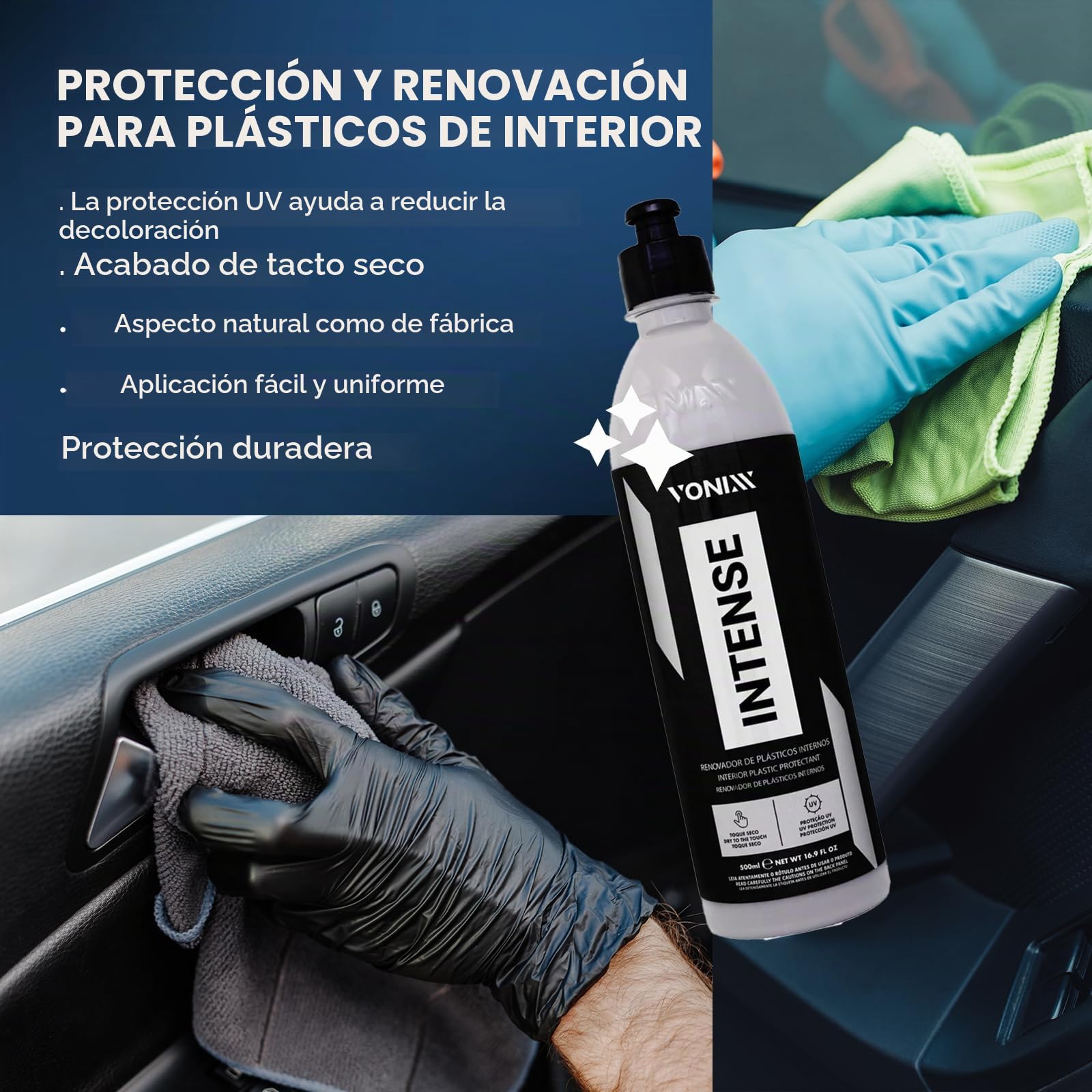 Vonixx Intense 500ml renovador de plásticos Renovador de Plásticos Interior Coche Intense – Brillo Natural sin Grasa, Protección UV y Efecto Duradero 6 Meses
