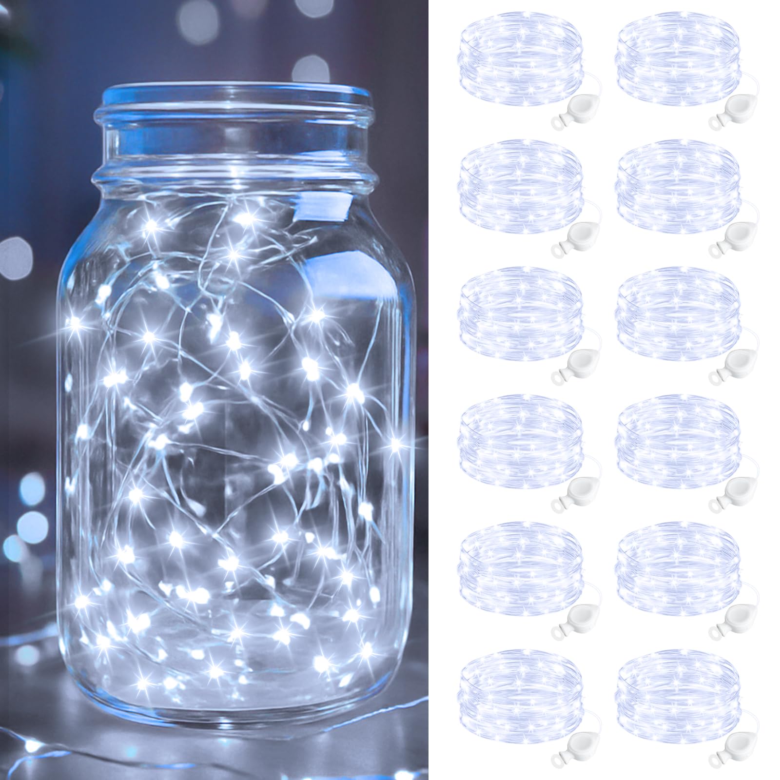 btfarm 12 Pack Fairy Lights Battery Operated, 2M 20 LED Mini String Lights Battery Powered, IP65 Waterproof Small Silver Wire for Crafts Jars Party Wedding Bedroom Christmas Decor, Cool White