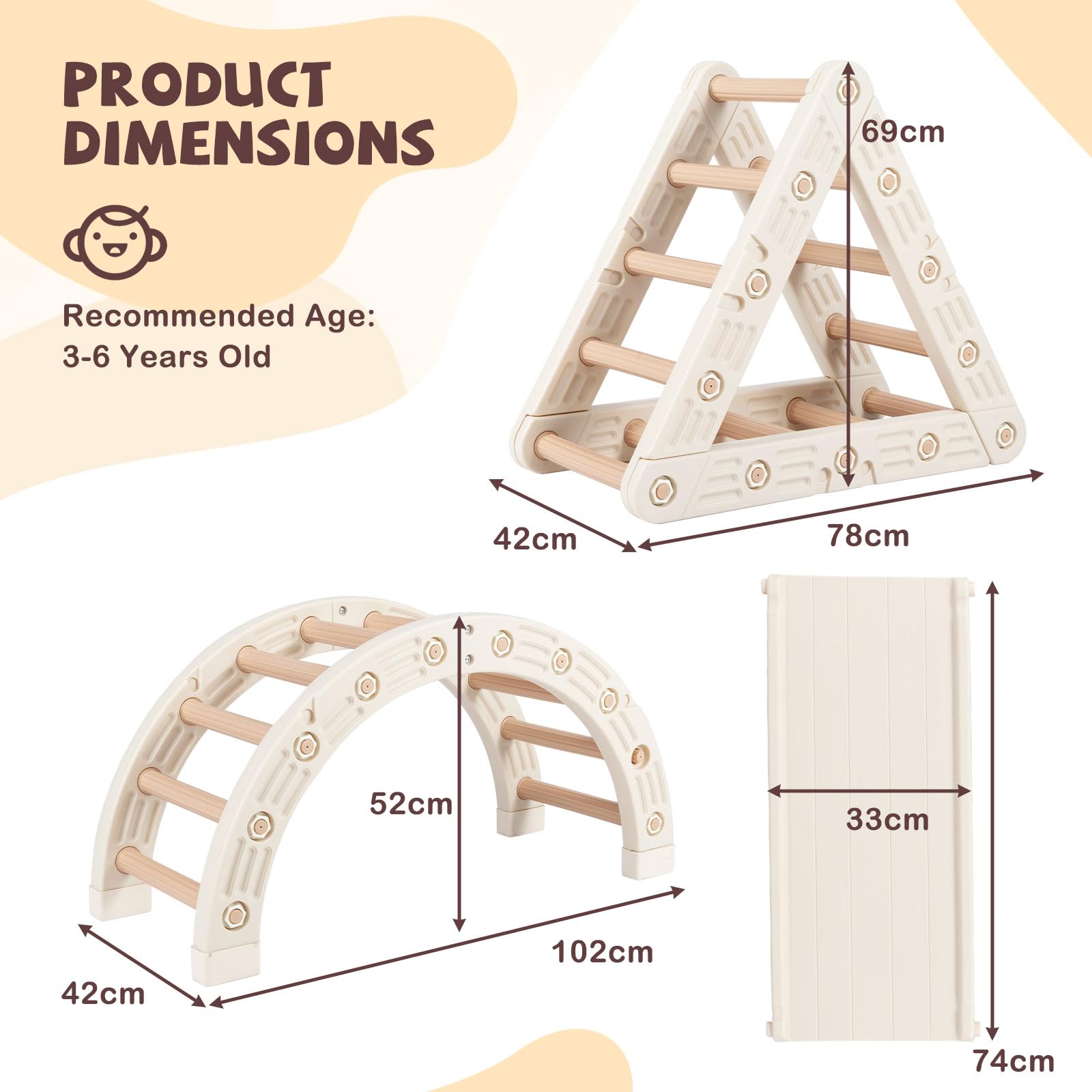 FANTASK Montessori - Set da arrampicata 5 in 1, con scivolo e triangolo in legno, giocattolo da arrampicata con rampa bifacciale, giocattolo per bambini dai 3 ai 6 anni