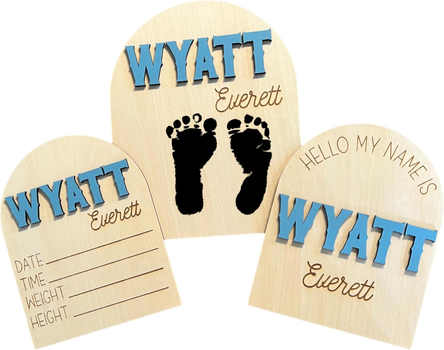 Personalized Birth Announcement Name Sign Bundle, All 3 Signs - Baby Name Reveal, Baby FootPrint Sign for Hospital, Newborn Photo Prop, 19 Font Options, 30 Colors (Full Set All 3 Signs)