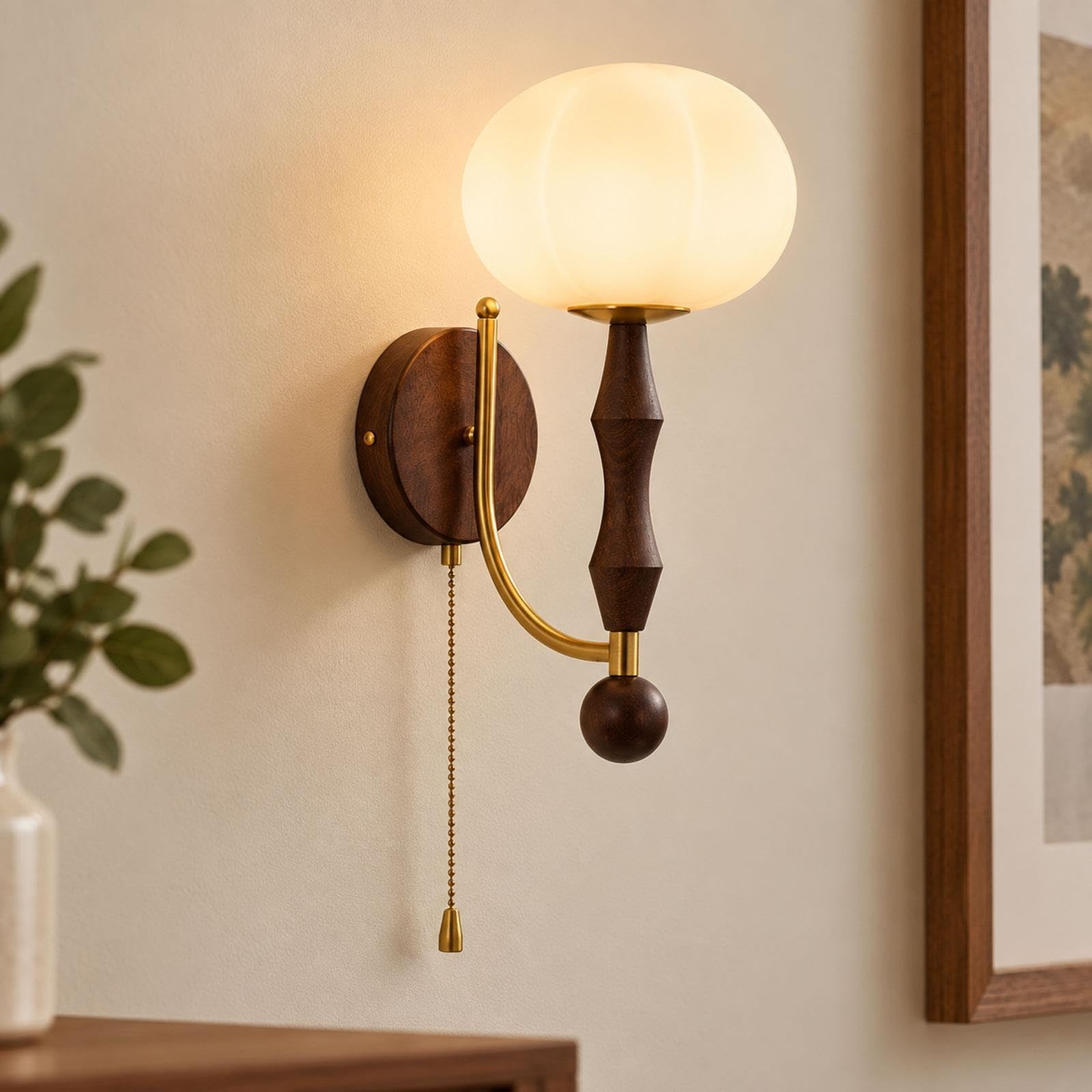 Aplique de pared cristal vintage, detalle madera, base E27