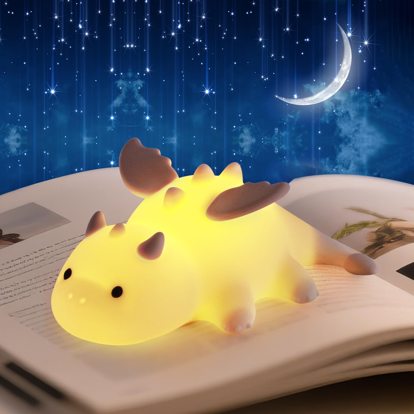 AVEKI Night Light for Kids, Cute Milk Dragon Silicone Lights with 7 Colors, Dimmable & Rechargeable, Magnetic Dinosaur Bedside Lamp for Baby Nursery, Gifts for Boys and Girls (Yellow)