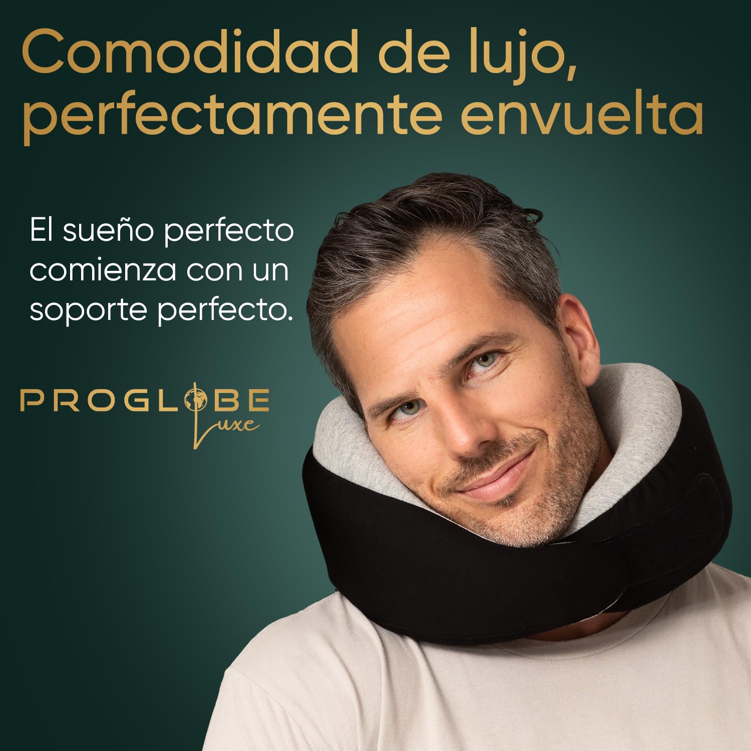 Proglobe Luxe Almohada Cervical de Viaje 360° Avión, Negro Carbón | Espuma viscoelástica con funda lavable de algodón orgánico y bolsa compacta. Soporte ergonómico 360°.