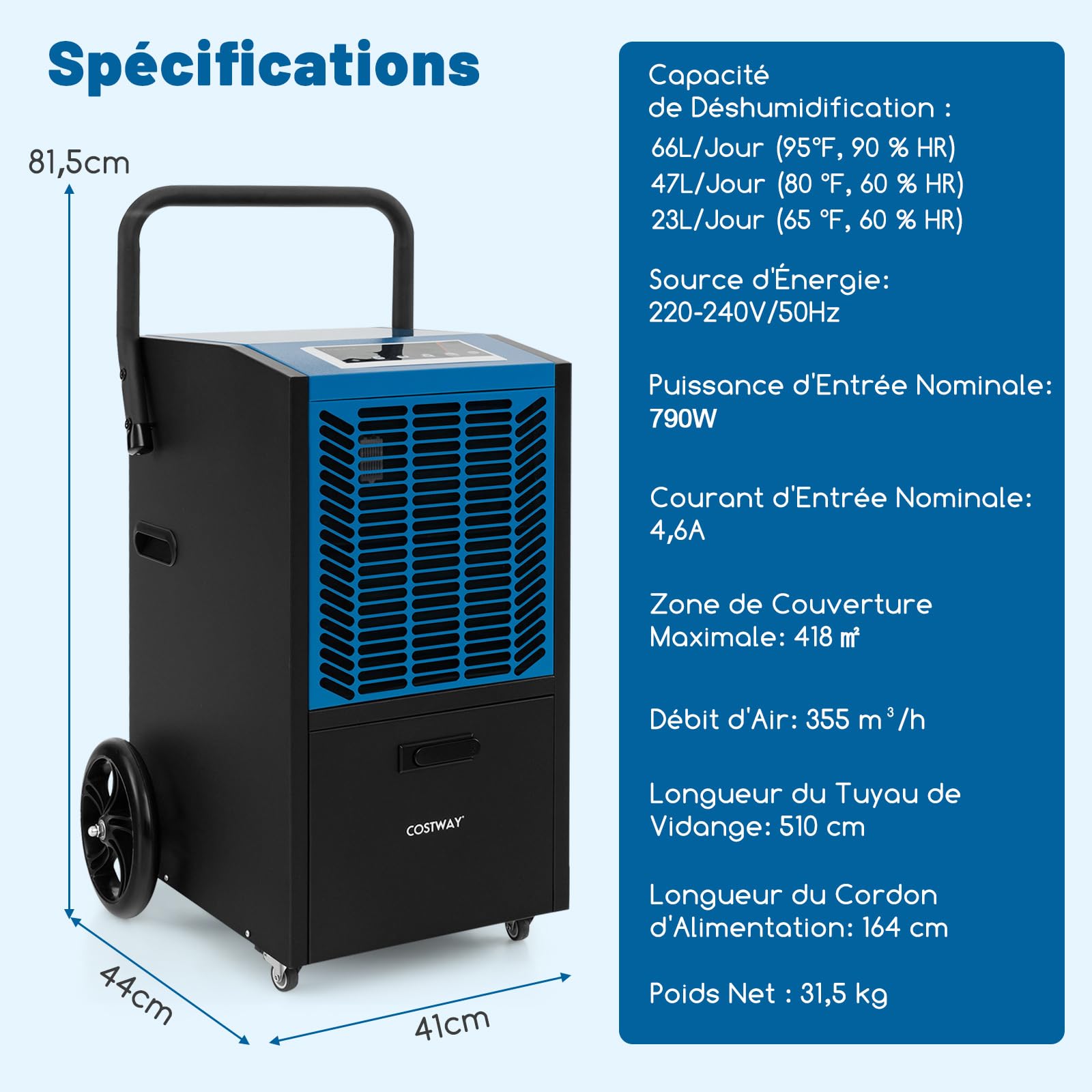 COSTWAY Déshumidificateur Industriel 66L/Jour avec Pompe (Bleu)