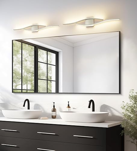 Miniatura 7 de Joossnwell Lámpara de tocador de baño, moderna lámpara de baño sobre espejo níquel cepillado 5CCT regulable LED barra de luz de tocador de baño de