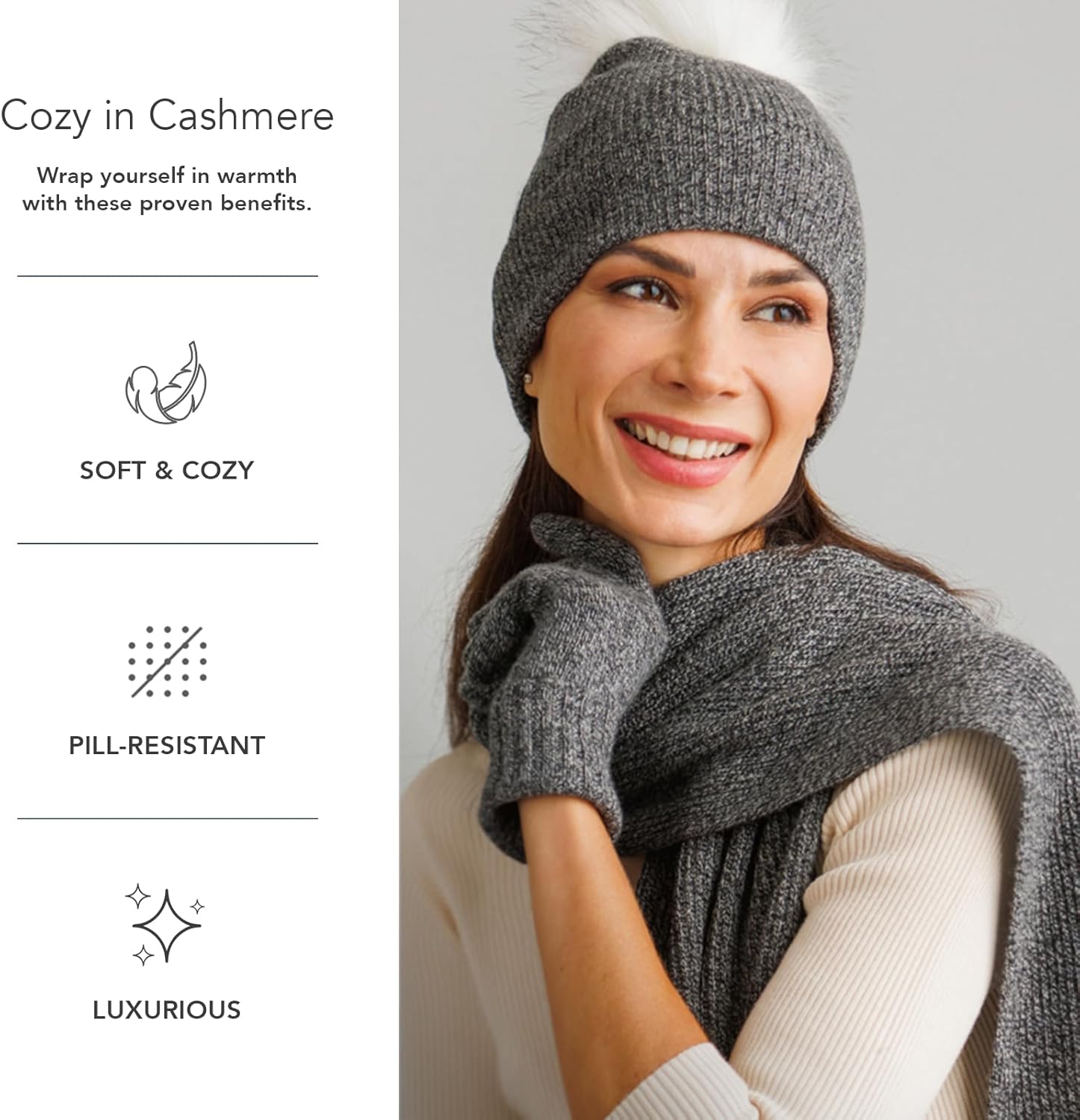 Fishers Finery Women's 3 Piece 100% Cashmere Pom Beanie Hat Glove & Scarf Set, with Gift Box - Image 3