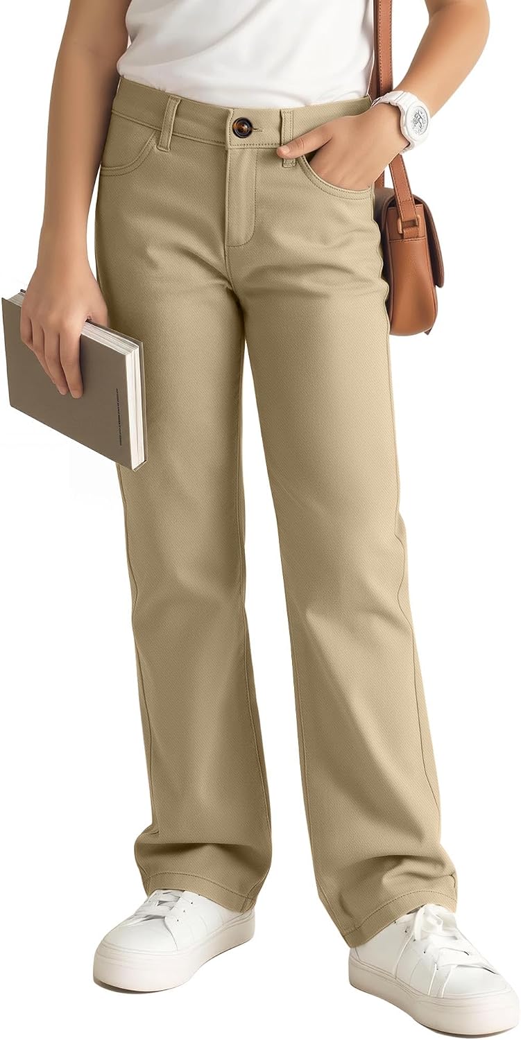 Girls School Uniform Pants Kids Dress Pants Elastic Waist Cotton Straight Leg Trousers with Pockets 5-14 Years