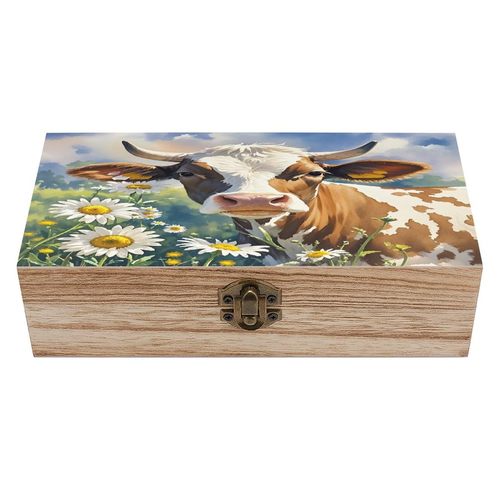 LZQPOEAS Watercolor Cow And Daisy Flower Wooden Box Storage Space to Organize Jewelry in A Beautiful Small Storage Box Decorative Card Boxes Memory Treasure Boxes for Crafts And Photo Storage