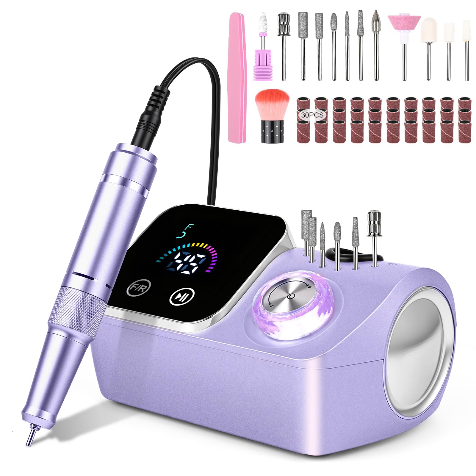 Ponceuse pour Ongles Professionnelle 45000 RPM,12 en 1 Lime a Ongle Electrique Portable,Ponceuse Ongles avec Écran LCD & Support,Lime à Ongle Electrique Silencieux,Conçu pour Les Salon,Violet
