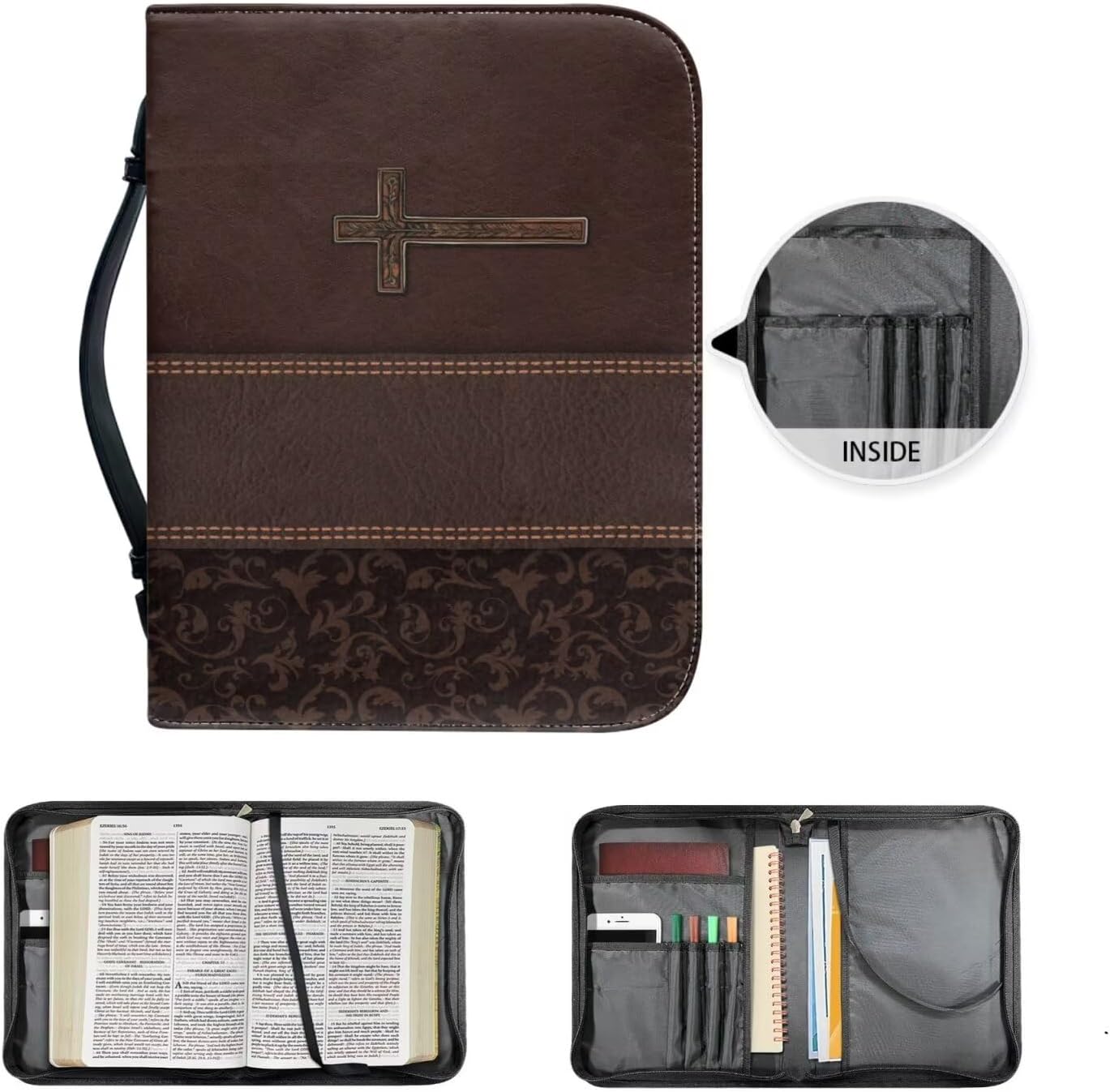 Brown Vintage Bible Cover Case Sacred Cross Bible Bag with Inner Pockets Bookmark Book Cover with Handle Church Study Book Protector Pouch Book Case for Daily Use Christian Study Group