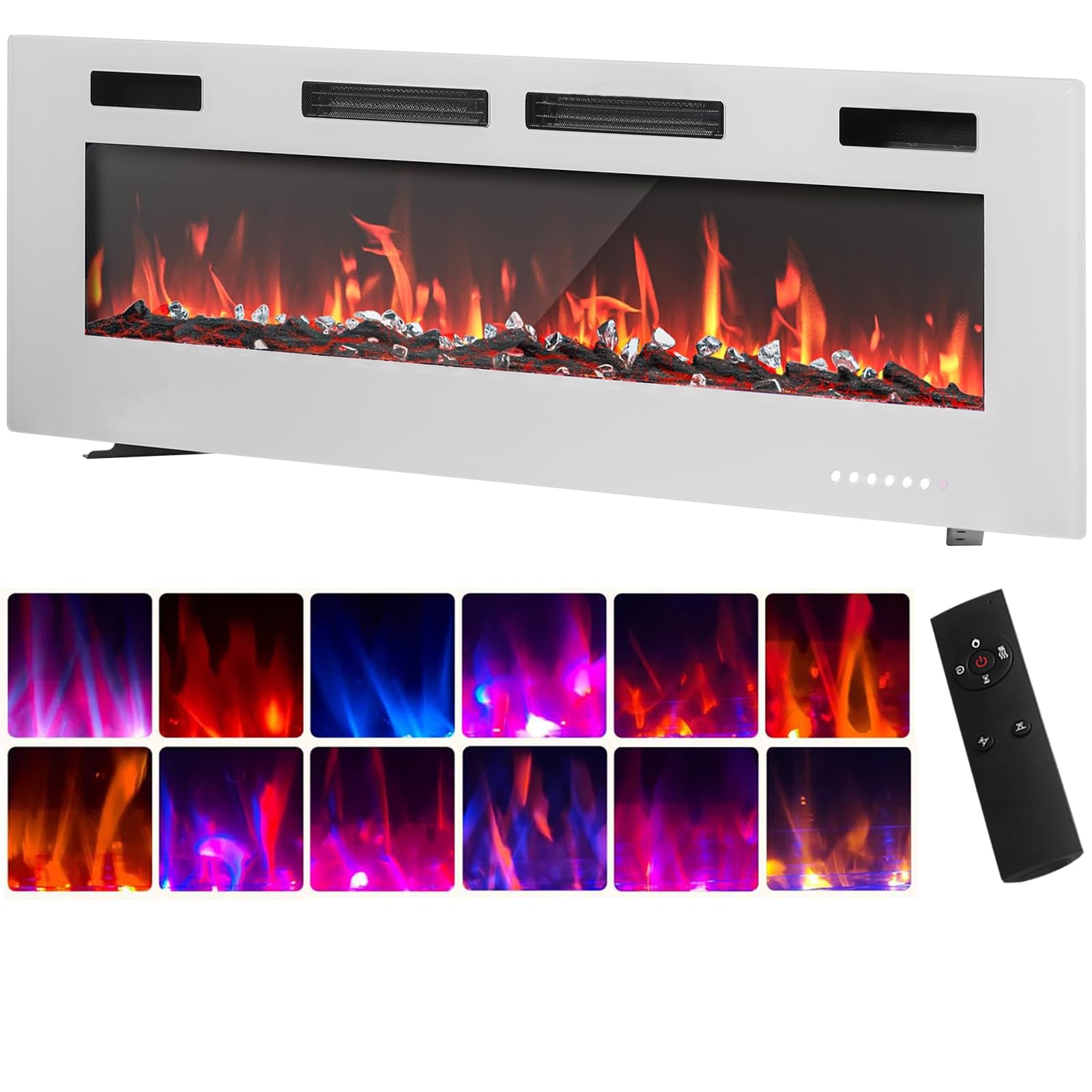 LSLIFE Electric Fireplace Wall Mounted/Recessed/Freestanding 50 Inch Flame Electric Fire with Touch Screen & Remote Control 750W/1500W (White, 60 Inch)
