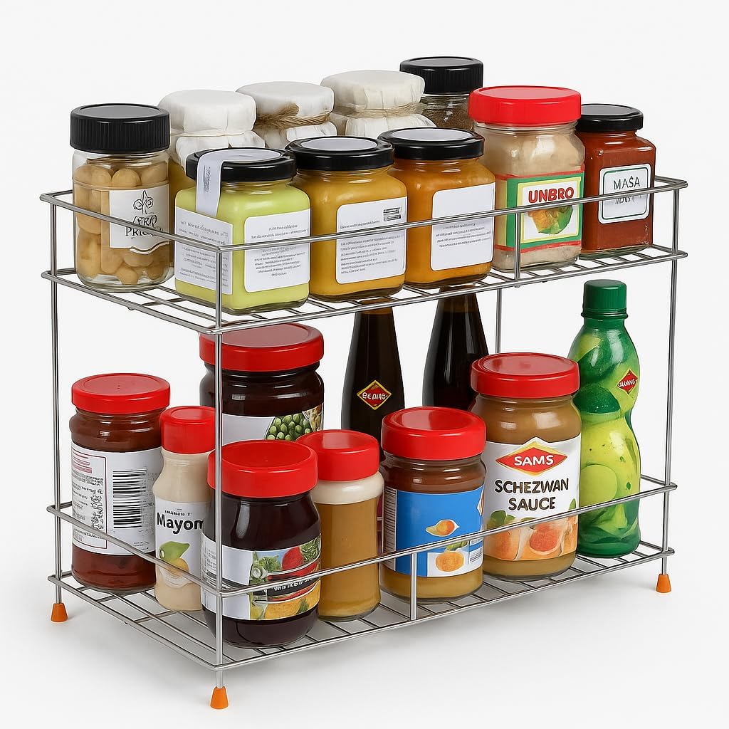 NH10 DESIGNS 2-Tier Stainless Steel Kitchen Storage Spice Rack and Container Organizer Counter top Pantry Stand Multipurpose Masala Kitchen Rack Stand Space Saver Rack (Pack of 1) (NHSP)