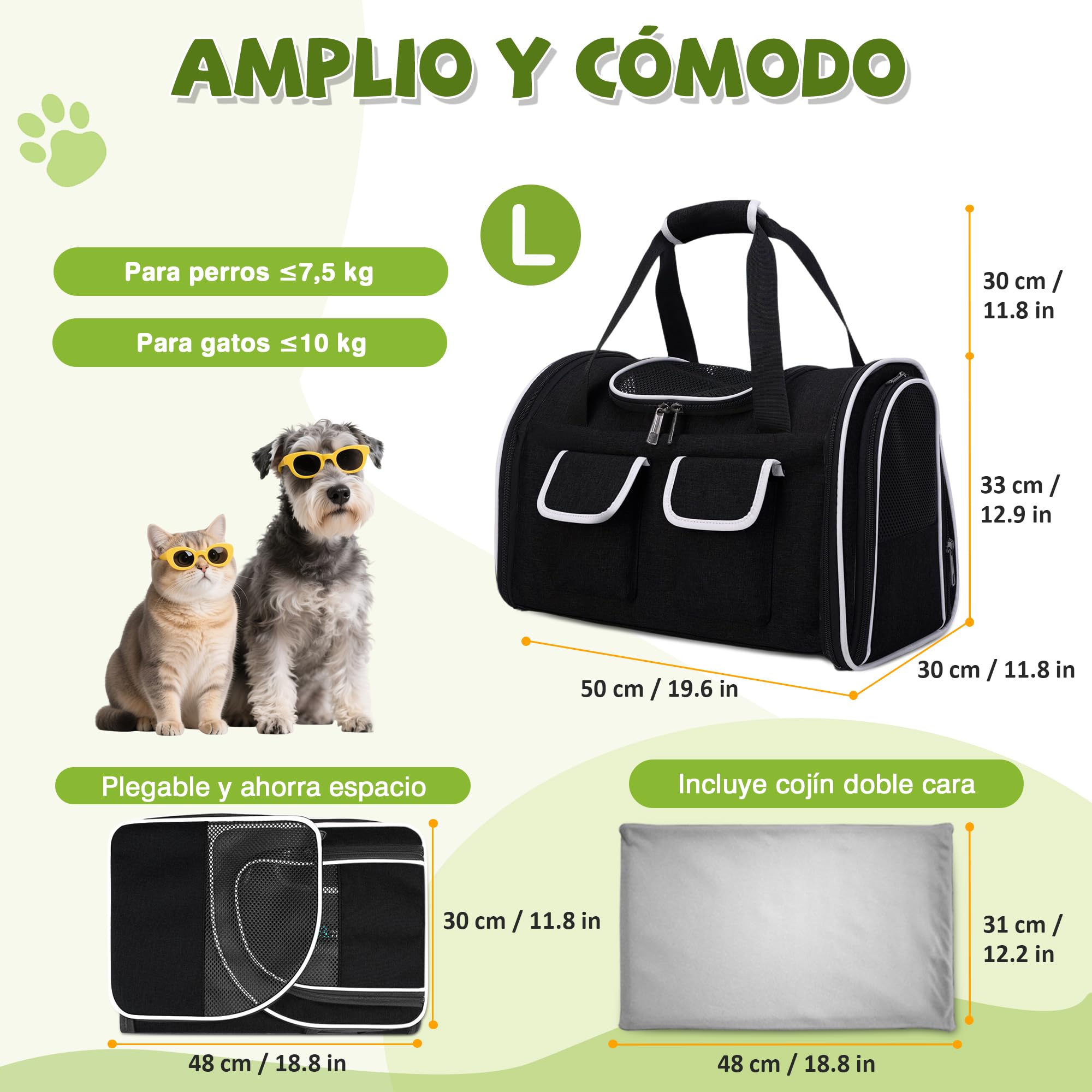 ALLSOPETS Mochila Plegable para Gatos Grandes y Perros Pequeños, Transportín Transpirable con Cojín Extraíble y Bolsillos, Mochila de Viaje para Mascotas hasta 10 kg (Negro Tinta, L)
