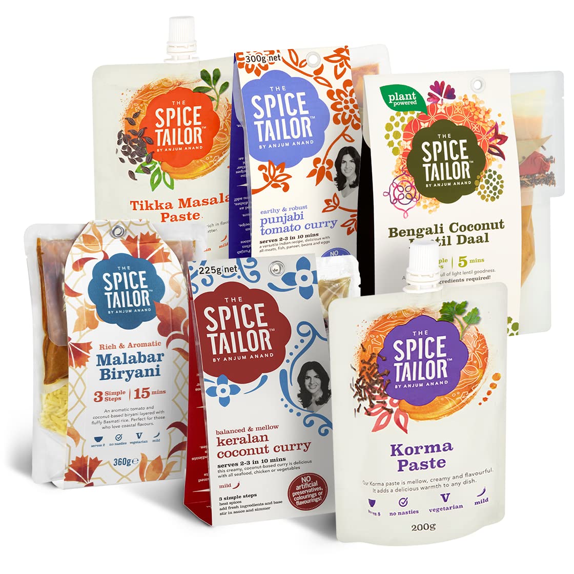 The Spice Tailor - Zestawy indyjskich sosów curry, łagodny wybór mieszany, w tym Korma, Tikka Masala, Coconut Daal i Keralan Pasty do gotowania, wegetariańskie - łagodnie wychowany pakiet