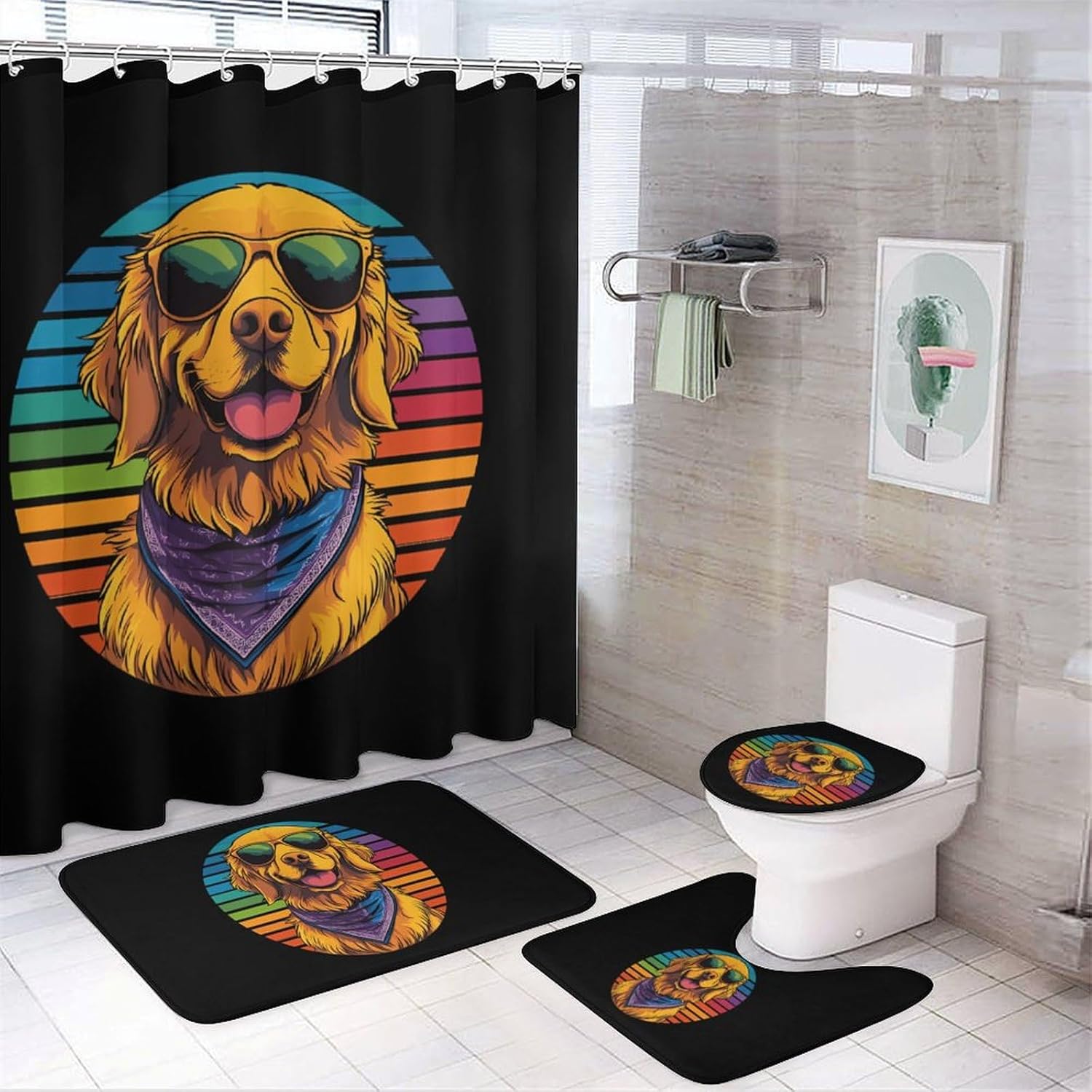 Vintage Retriever Dog Wearing Bandana Bathroom Sets with Shower Curtain and Rugs 4 Piece with U-Shaped Floor Mat Toilet Lid Cover