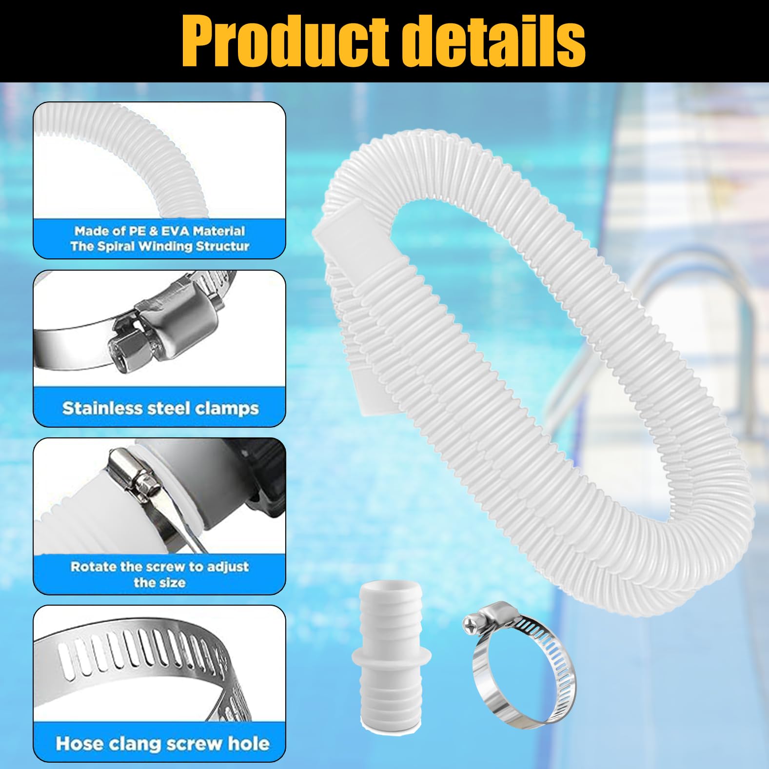 Lot de 2 tuyaux de piscine de 32 mm pour pompes de piscine avec 4 clips de sécurité et 1 raccord de tuyau, tuyau de piscine de 150 cm et 32 mm, pour pompe à filtre et piscine