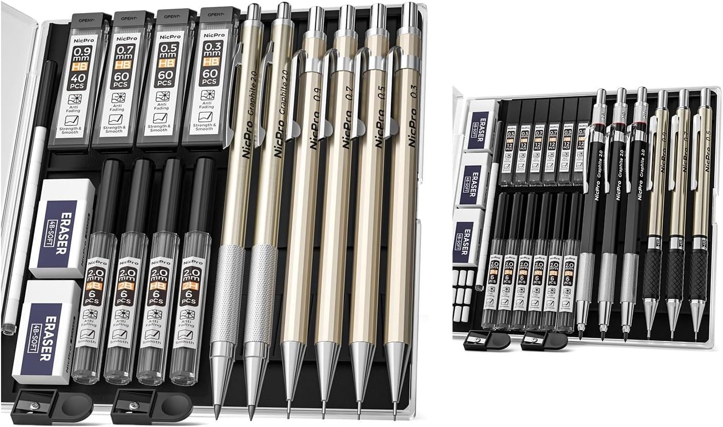 Nicpro 6 PCS+ 6 PCS Mechanical Pencil Set 0.3 mm, 0.5 mm,0.7 mm, 0.9 mm, 2mm
