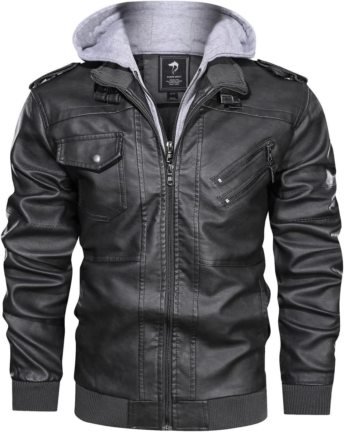 Lu's Chic Men's Faux Leather Jacket Full Zip PU Outerwear Hooded Thermal Cozy Spring Bomber Jacket