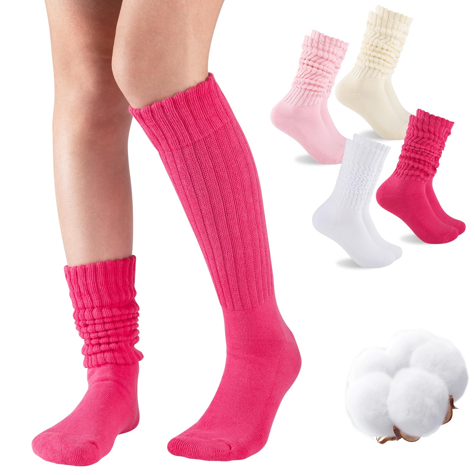 COOVAN Slouch Socks Women 4 Pairs Knee High Scrunch Cotton Soft Knit Cushion Extra Long Socks