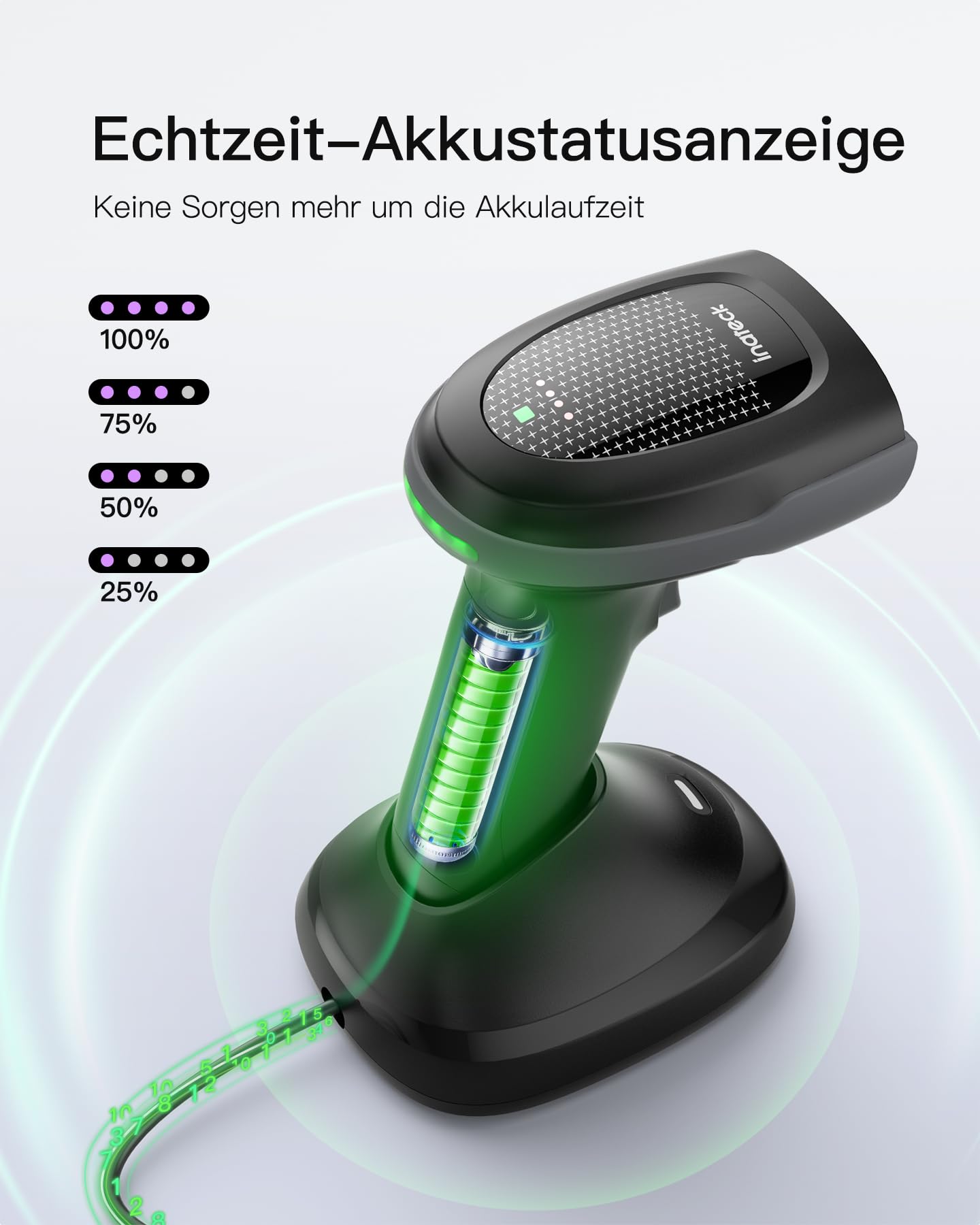 Inateck Barcode Scanner Kabellos 2D PDF417, QR Code Scanner mit 2 x 2000mAh Austauschbaren Akkus, mit Ladestation, mit Bluetooth und Kabel USB, Kompatibel Android iOS, für Lagerhaltung und Logistik