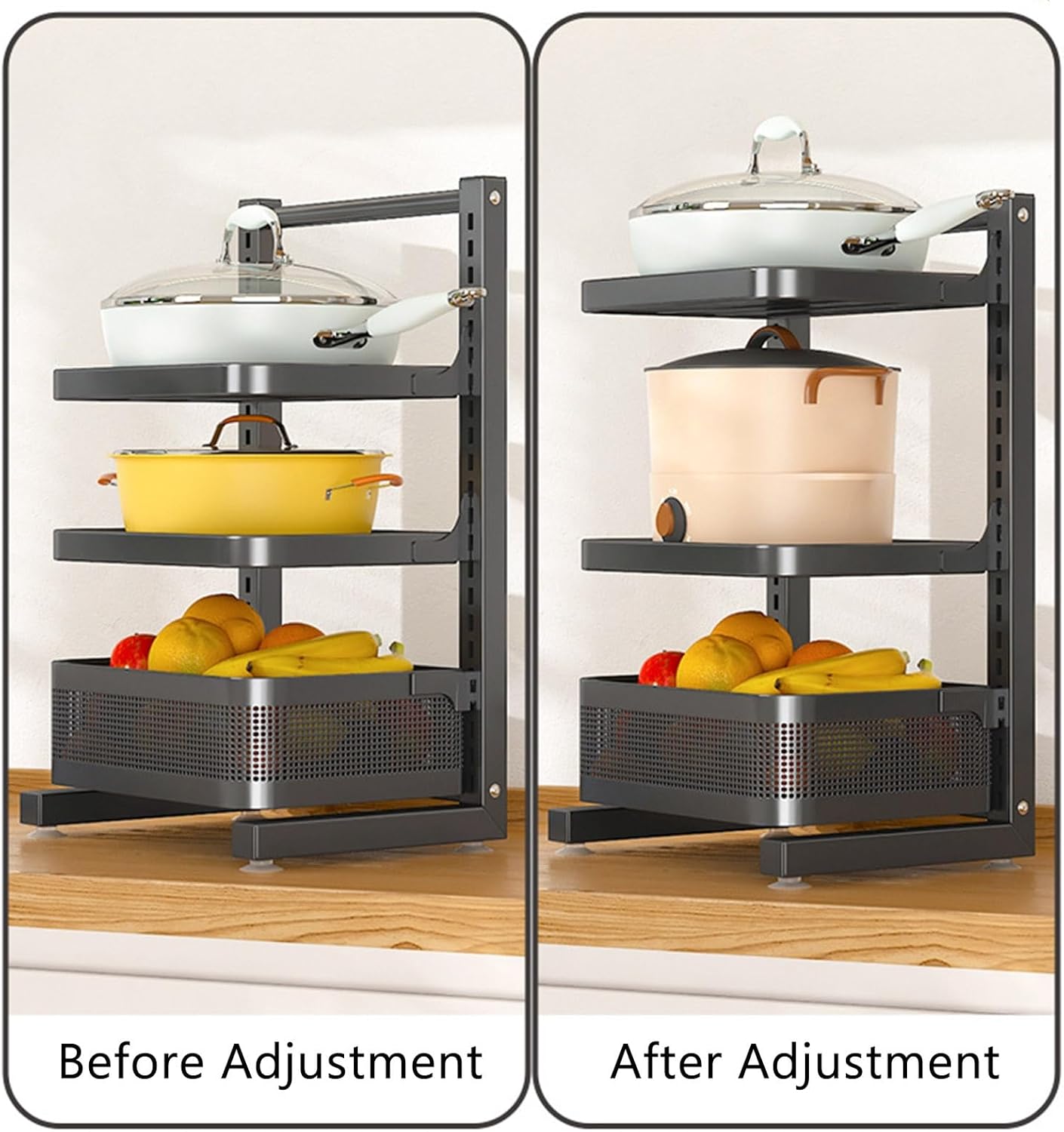 Pots and Pans Organizer, Adjustable Pan Organizer Rack for Cabinet,Heavy Duty Cookware Stand for Under Cabinet, 3 Tier Pan Lid Holder(Black) (Black)