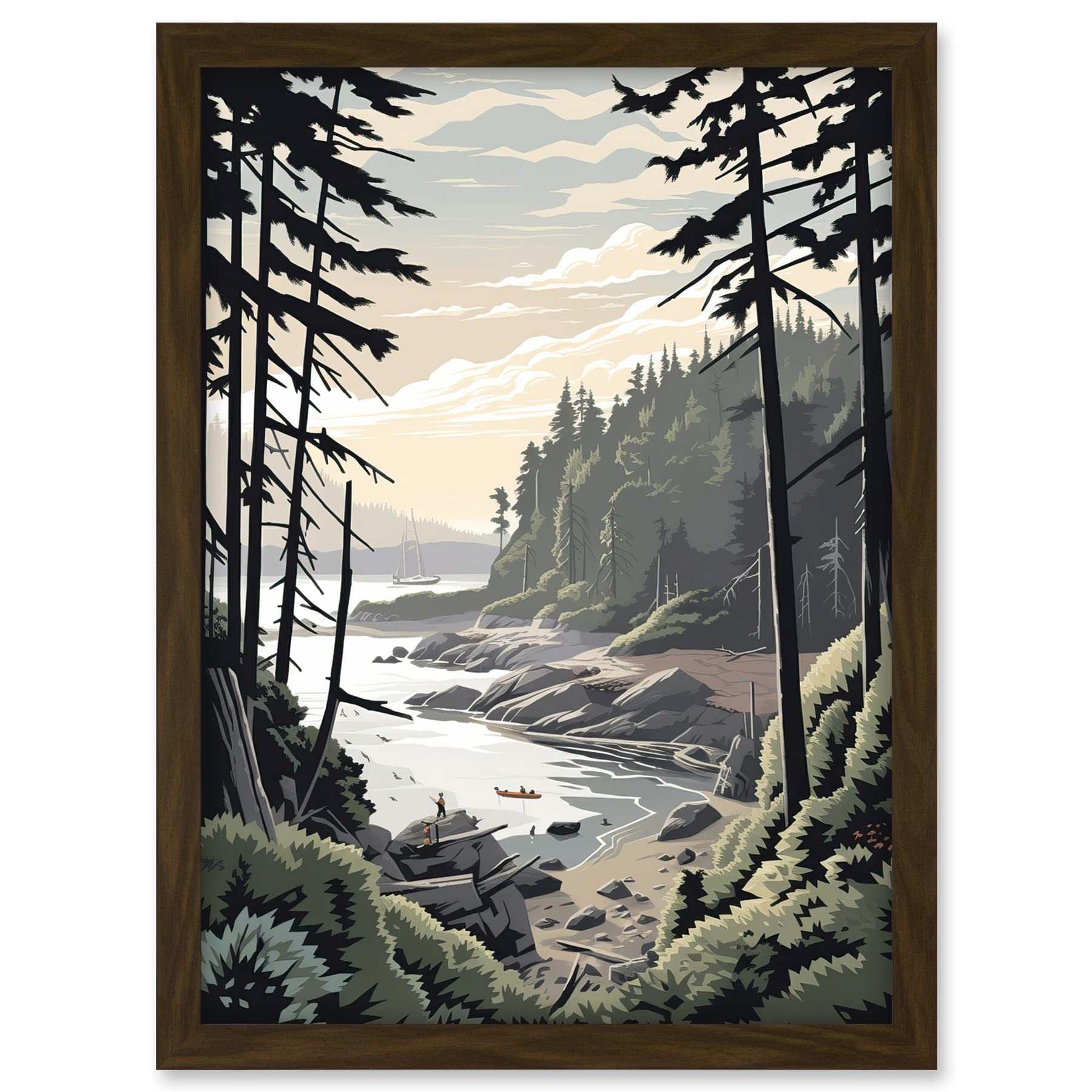 Artery8 Great Bear Rainforest Hikers Coastal Landscape Artwork Framed A3 Wall Art Print