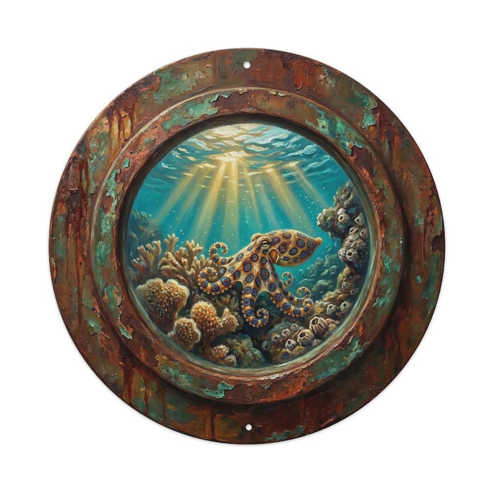 Vintage Porthole Blue Ringed Octopus Toxic Ship Window Undersea Deep Sea Metal Tin Sign