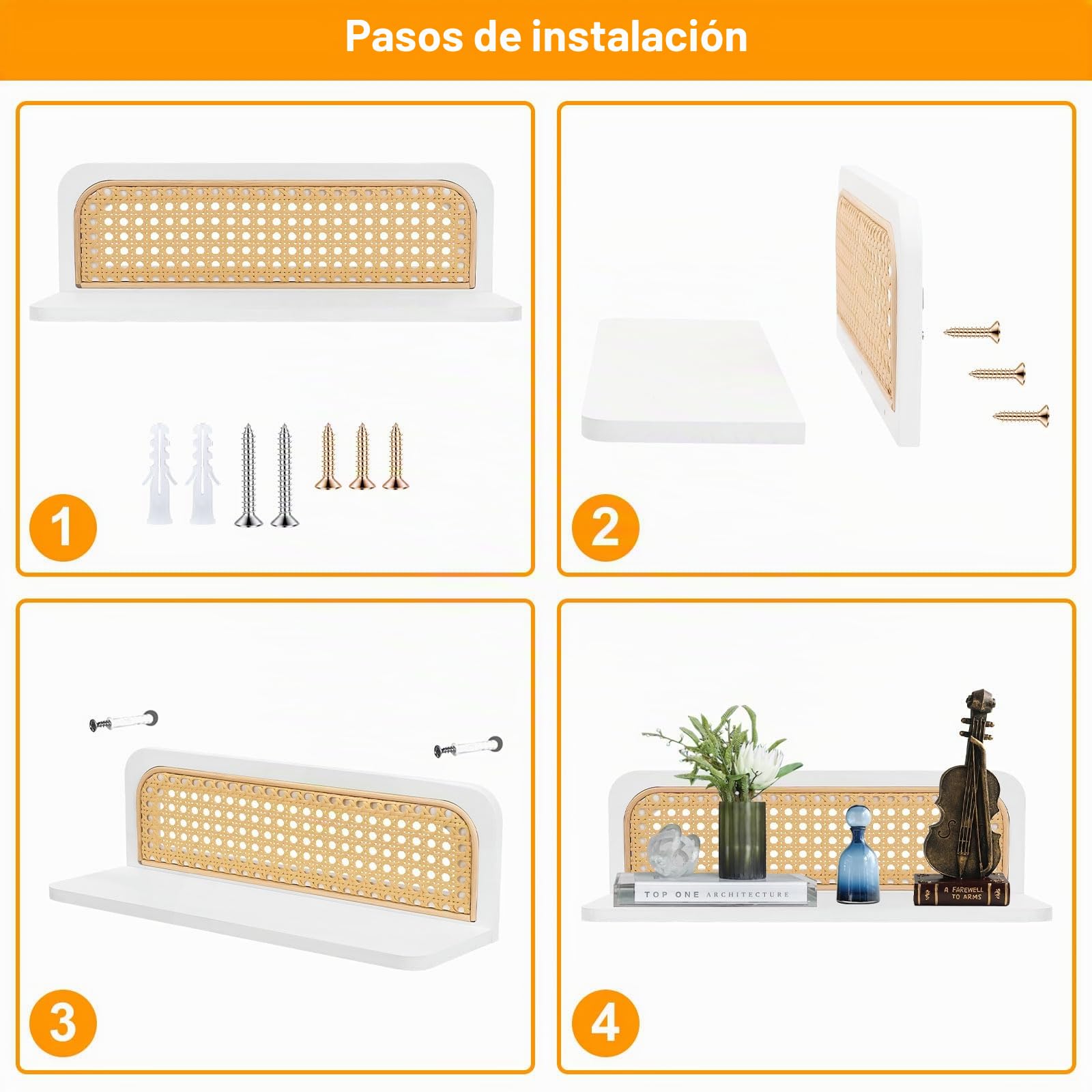 2 Piezas Estante de Pared Blanco Boho, Estante de Ratán, Estanteria Blanca Baldas Flotante Pared de 40cm, Decoración Rústica Moderna de Madera para Salon, Cocina, Habitación Infantil y Dormitorio