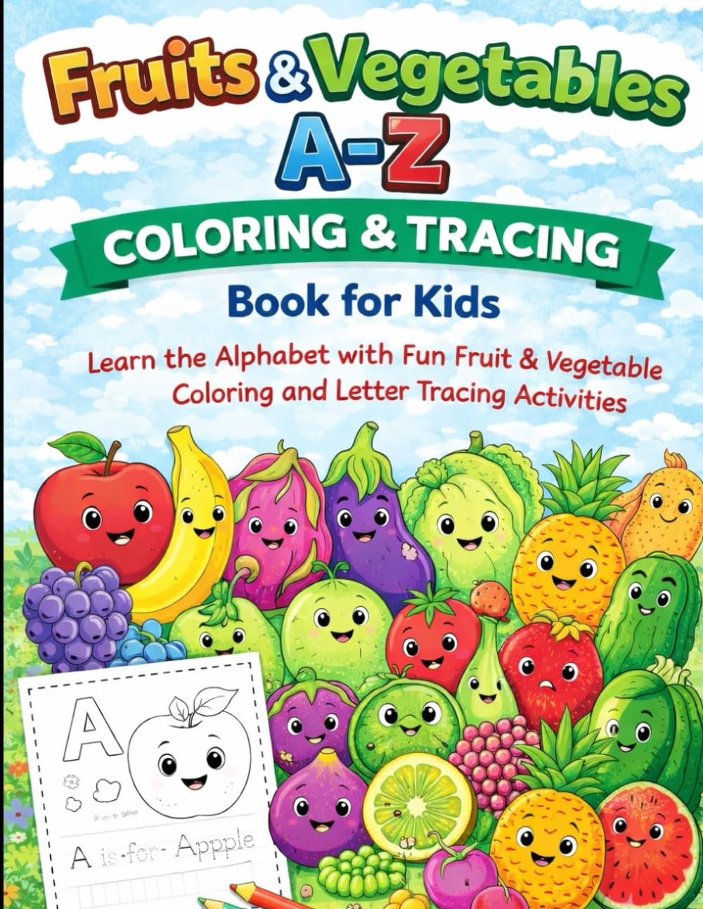 Fruits and vegetables A-Z Coloring & Tracing Book for Kids: Learn the Alphabet with Fun Fruits & Vegetables Coloring & Letter Tracing Activities (Kids fun and activity)