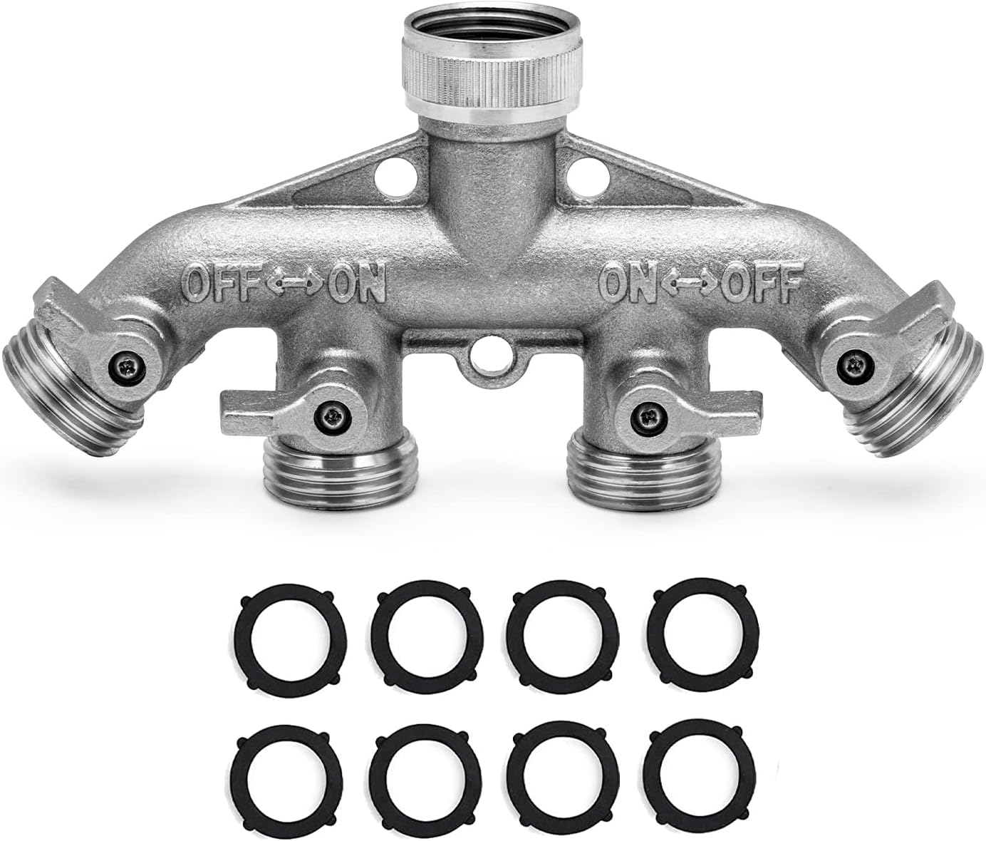 Morvat Heavy Duty Nickel Plated Brass 4 Way Splitter, Garden Hose Manifold Connector with Comfort Grip ON/OFF Valves, Adapter for Water Faucet & Spigot, Includes 8 Extra Washers & Mounting Kit
