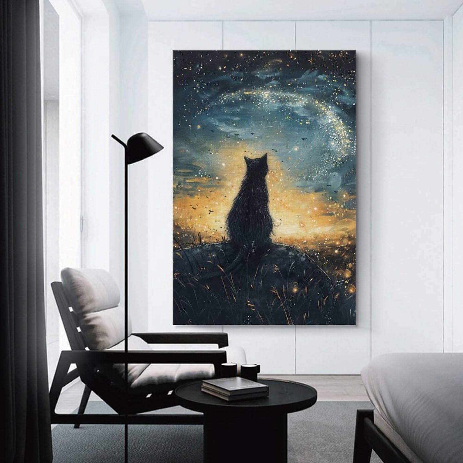 Junmoney Black Cat Gazing at Starry Sky Home Decor Wall Art, 24x36inch(60x90cm), for Wall Displays, Bedrooms Or Room Updates, Ideal for Building A Coordinated Art Wall