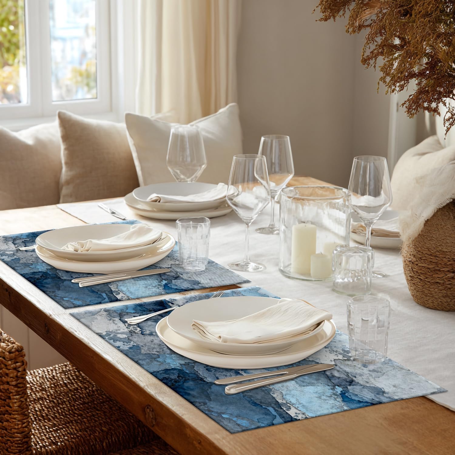 Shrahala Blue Abstract Grey Placemats, Grey Art Art Table Mat Linen Burlap Washable Double-Deck Heat Insulation for Dining Table Kitchen Table Set of 4 (12 x 18 inch)