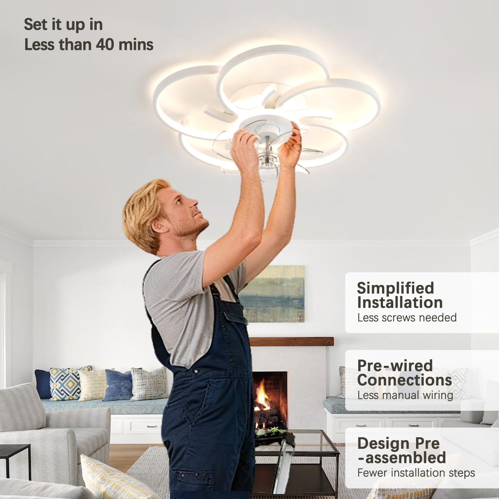 Bianco Lampadario Ventilatore LED Silenzioso Dimmerabile con APP,36W Ventilatore da Soffitto con Luce e Telecomando,6 Velocità,Reversibili,Timer,per Camere da Letto e Soggiorni
