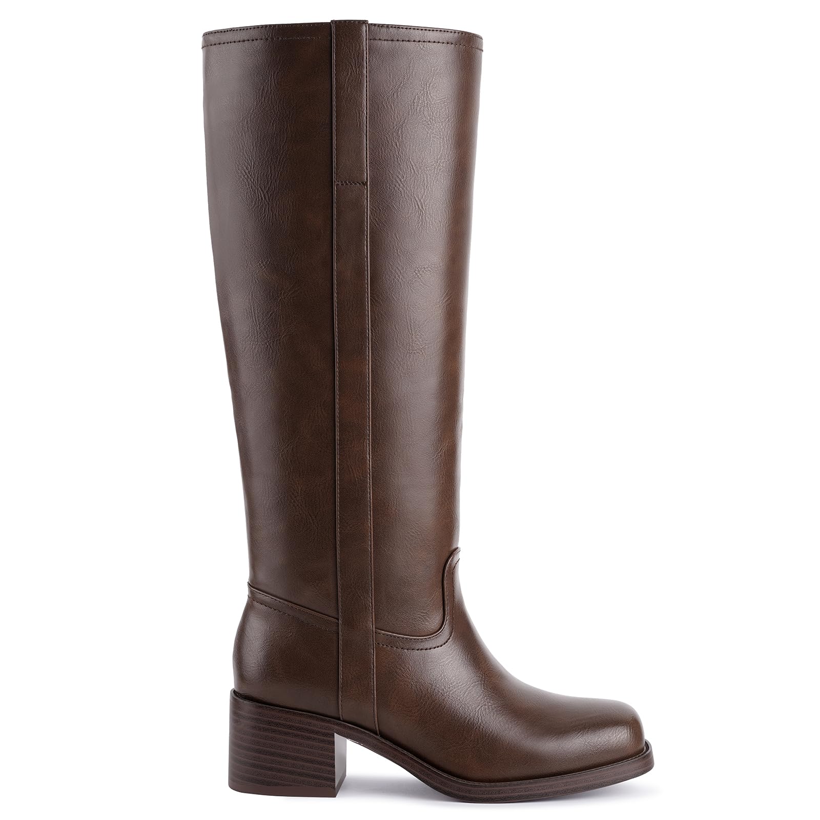 Women's Banana Knee High Boots Square Toe Chunky Block Heel Comfortable Low Heel Pull on Wide Calf Riding Long Boots for Women