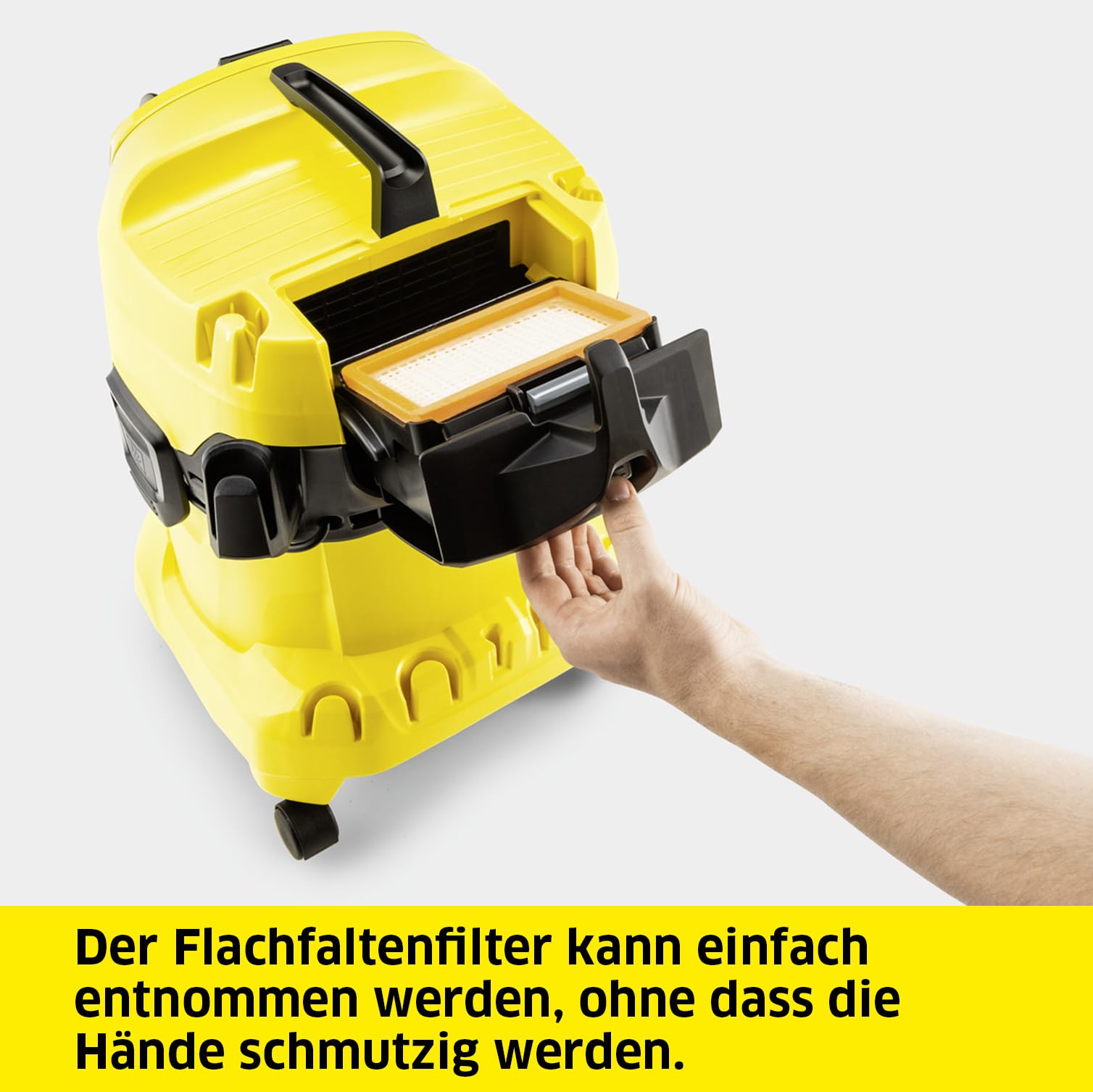KÄRCHER WD 4 P V-20/5/22 Nass-& Trockensauger, Kunststoffbehälter, Gelb 5 m Kabel, 2,2 m Saugschlauch, mit Gerätesteckdose, Clips-Bodendüse, „Pull & Push“-Verschlusssystem, Gelb