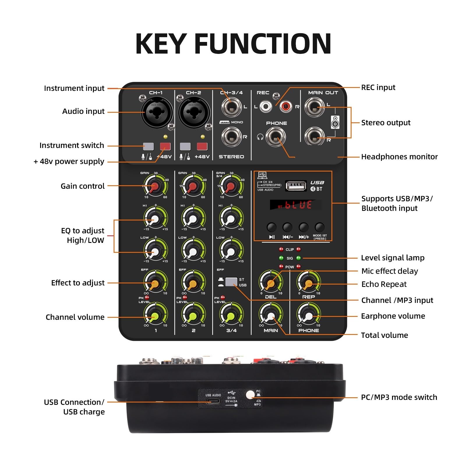 Mikser DJ-ski, Mikser 4-kanałowy V4 z efektem powtarzania Bluetooth USB do nagrywania na komputerze w konsoli miksowania dźwięku