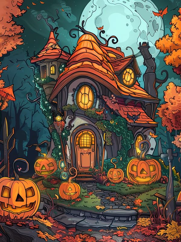Zariocy DIY 5D Diamond Art Painting Kit Halloween Pumpkin House Round Full Drill Crystal Diamond Embroidery Paintings Arts Craft for Home Office Wall Decor 30x40 cm