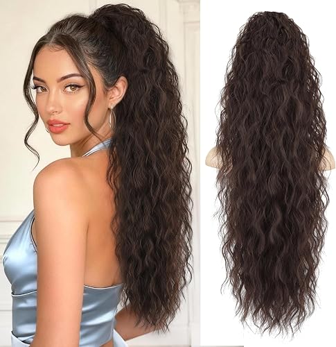 Isaic Ponytail Extension 30 Inch Claw Clip Ponytail Extension for Women, Dark Brown Long Wavy Pony Tails Hair Extensions Synthetic Hair Extensions Ponytail for Daily Use(Dark Brown