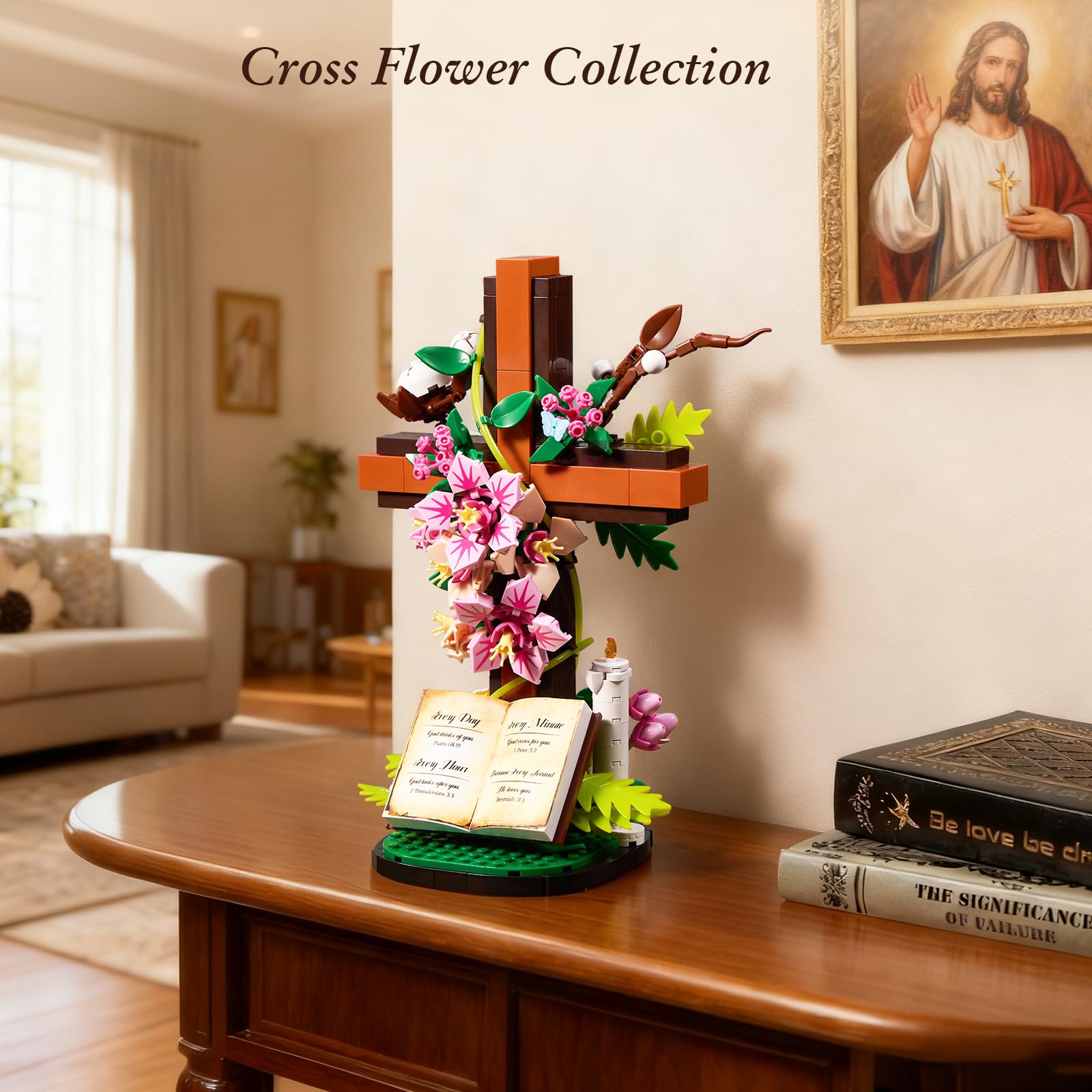 Set di mattoncini da costruzione Flower Cross of Jesus 568 pezzi, giocattoli da costruzione per decorare la cappella di casa, regali pasquali per la scuola domenicale, educazione alla fede