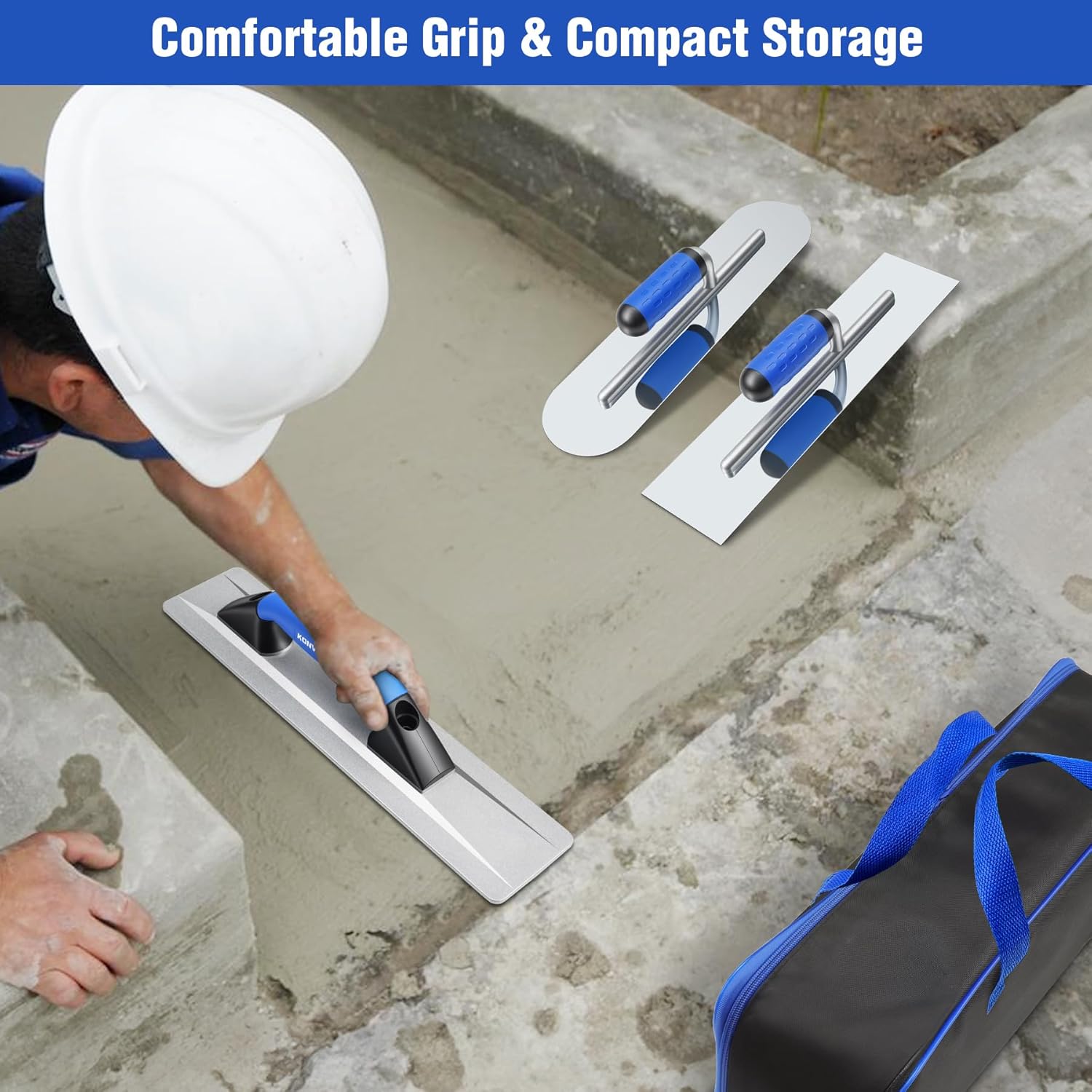 16" Concrete Hand Tools Set – 16" x 3-1/2" Widened Magnesium Float, 16" x 4" Stainless Steel Flat Concrete Finishing Trowel and Pool Trowel, Storage Bag for Slab, Patio, Sidewalk Finishing