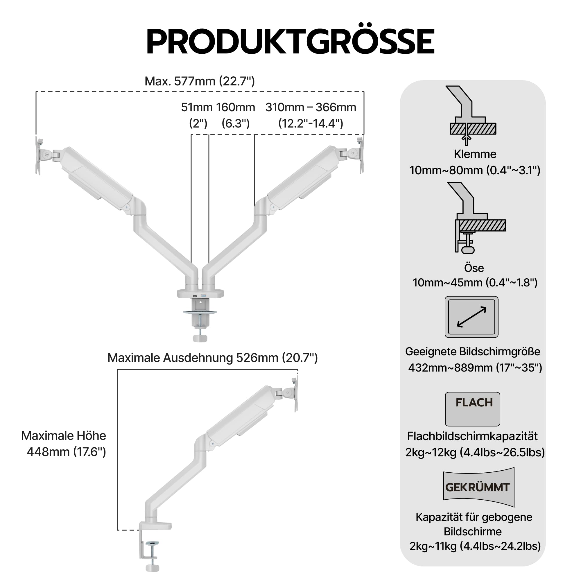 ARES WING Dual Monitorarm für 2 Monitore 17-35 Zoll, USB-A/C, Weiß | Dual Monitorarm mit 2-12 kg Tragkraft, Monitorarm mit Kabelmanagement – Neig-/Schwenk-/Drehbar, VESA 75/100 mm