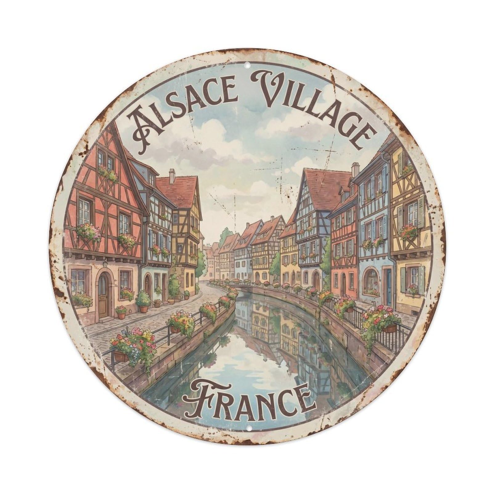 Vintage Travel Alsace Village France Metal Tin Sign Plaque Wall Decor for Cafe, Club Bar, Office, Home Garden Round Metal Poster 8x8Inch