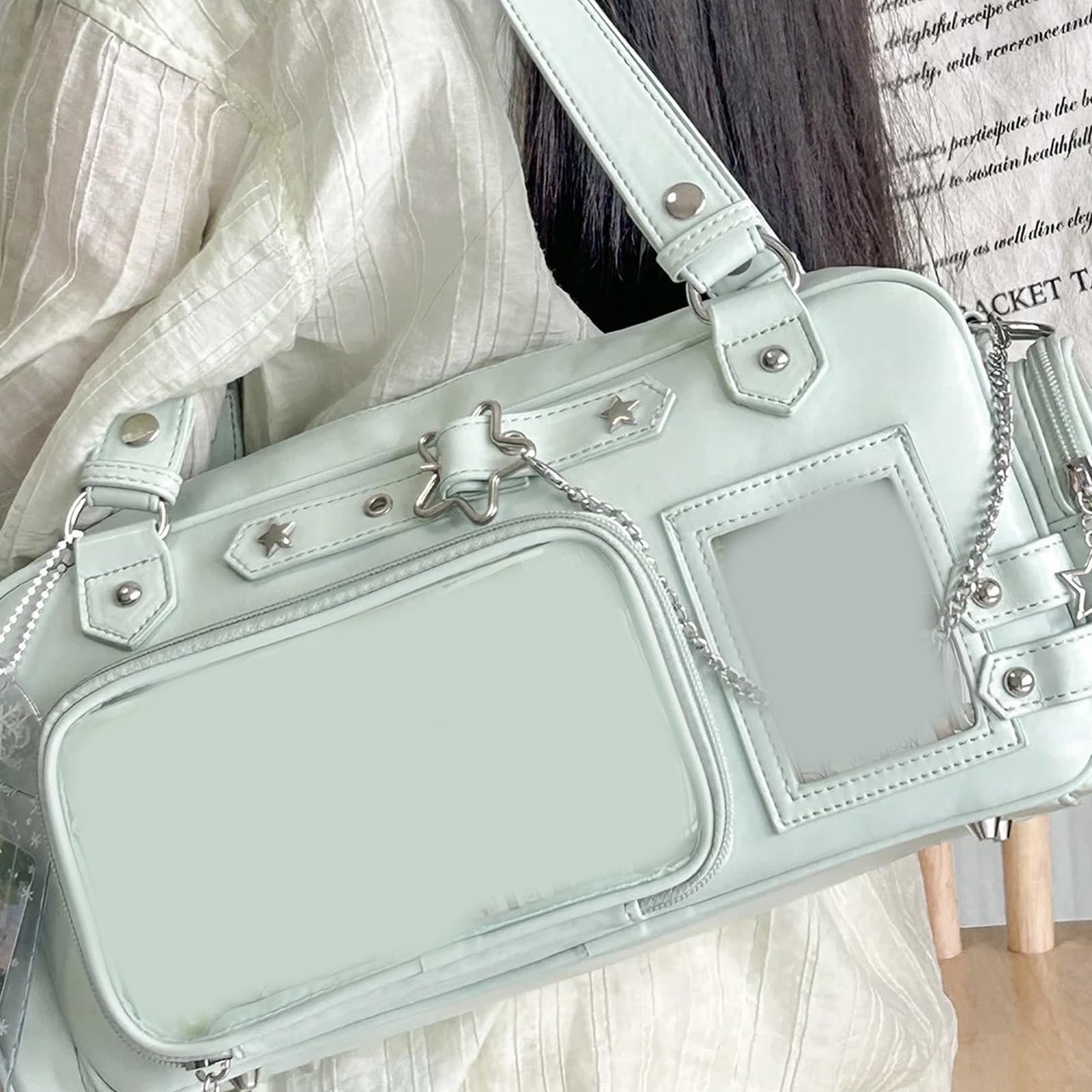 Borsa a tracolla a tema anime da donna con display trasparente e tasche multiple con finestra trasparente