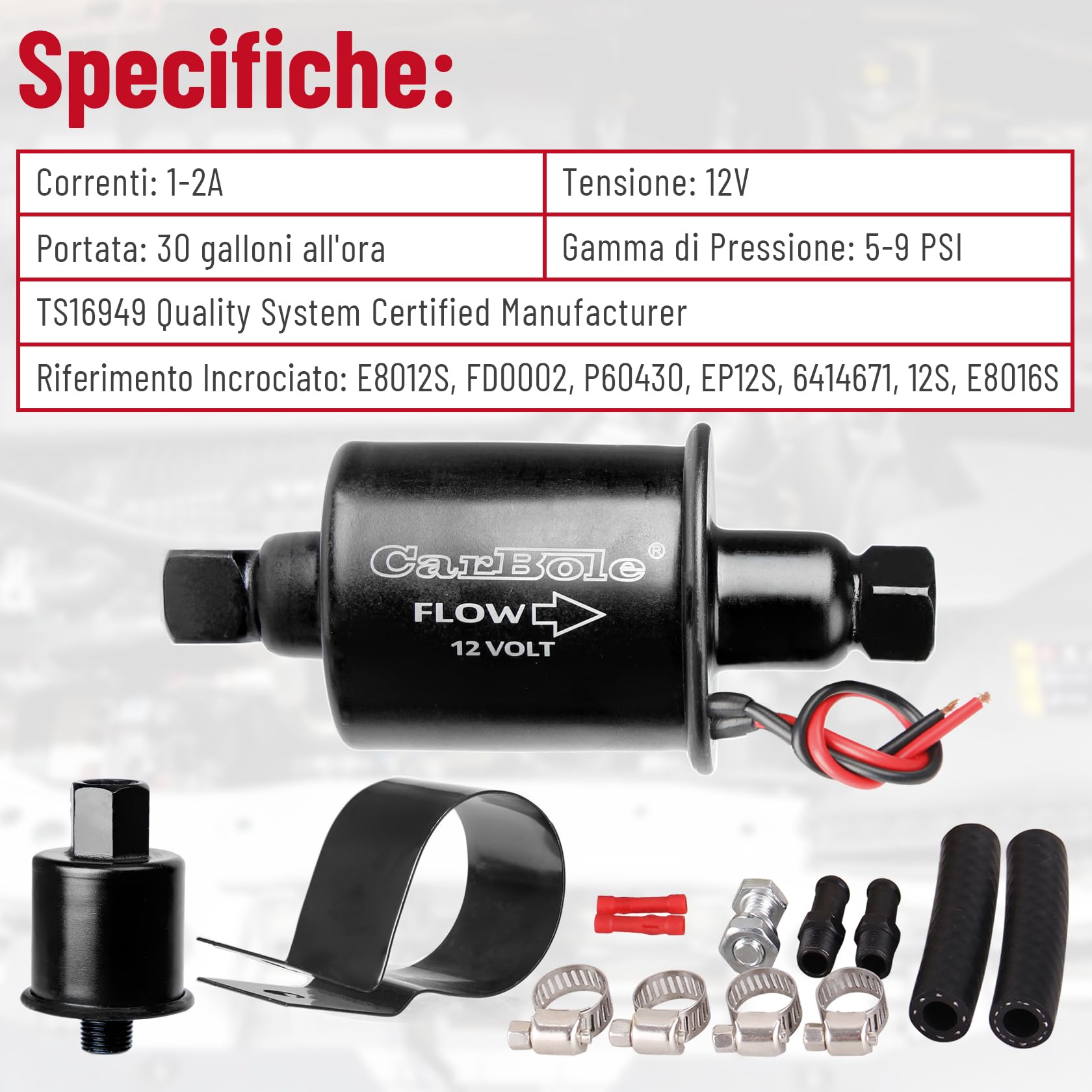 CarBole Pompa Carburante Elettrica 5-9 PSI,Pompa di Benzina Universale Adatta per Diesel e Benzina con Kit di Installazione,Filo di Rame Puro,Dimensioni di Ingresso e Uscita di 8mm,Nero