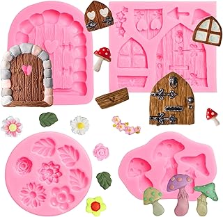 Fairy Garden Door Silicone Molds, Enchanted Vintage Gnome Home Window Door Fondant Molds, Mushroom Flower Leaf Chocolate Baking for Cake Decoration Cupcake Topper Candy Clay Resin