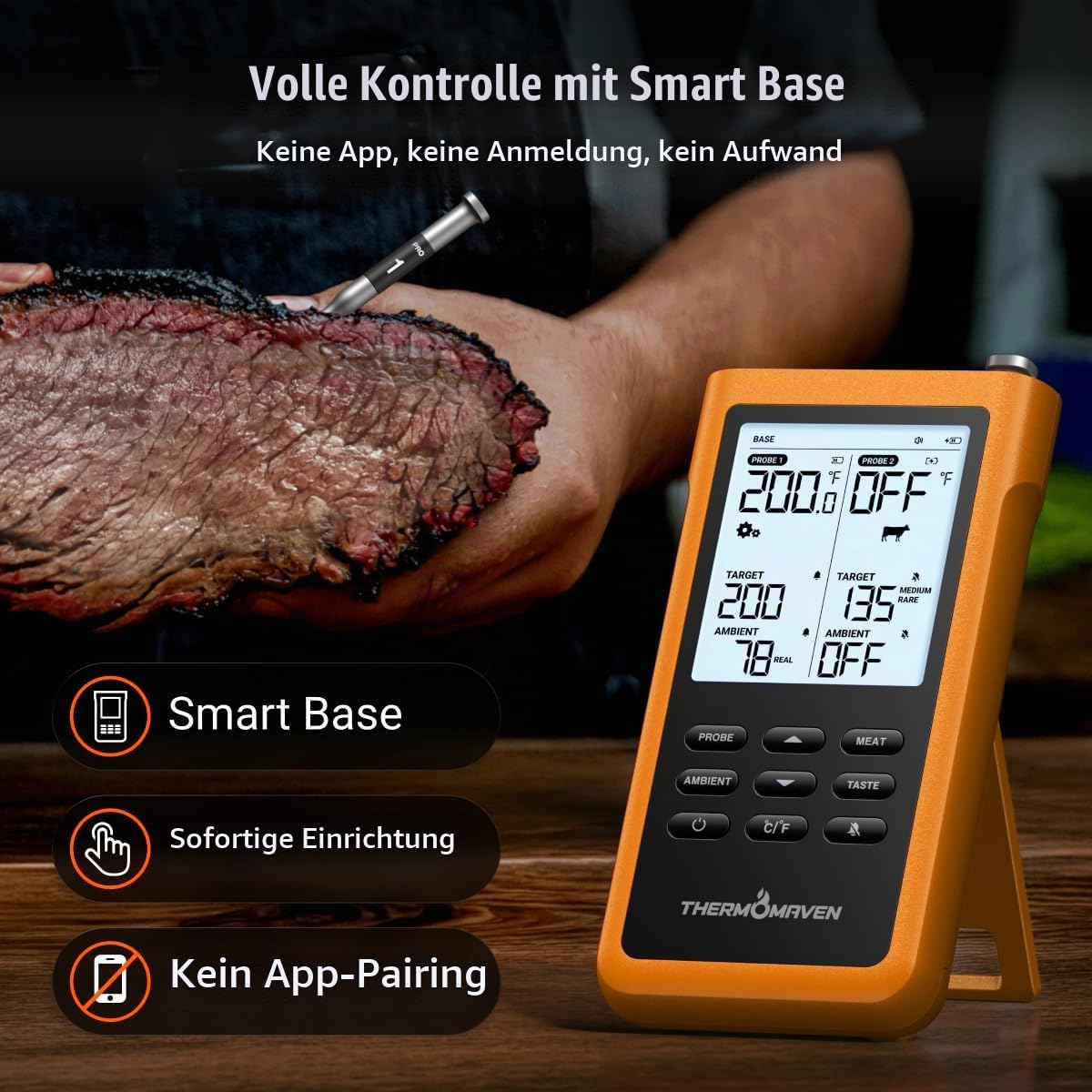 ThermoMaven 3000FT Smart Wireless Fleischthermometer, Sub-1G Langstrecke, 6 Sensoren (NIST genau), 2 dünne Sonden, Basisstation mit LCD, für Grill, BBQ, Ofen, Räucherofen (Orange)